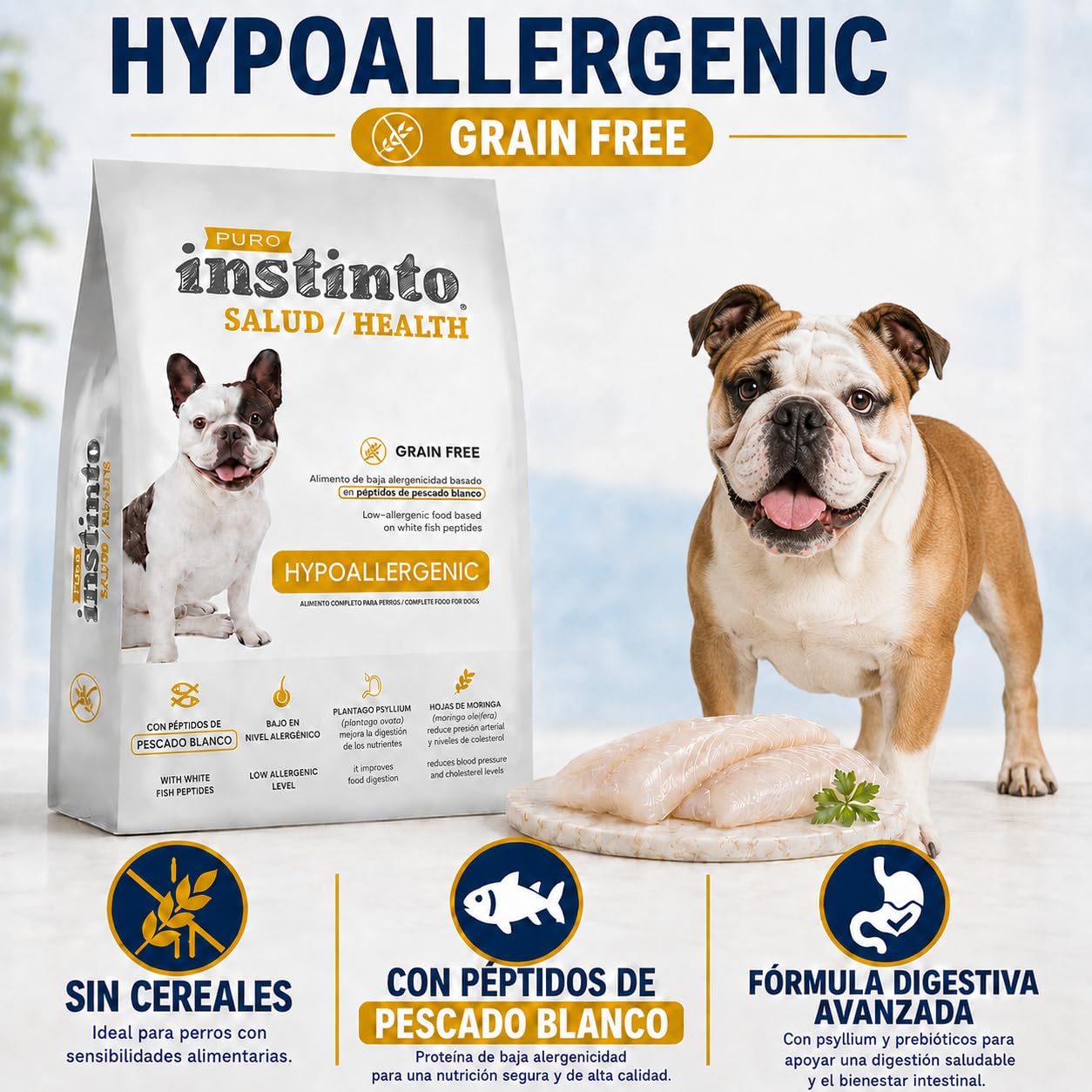 Pienso Hipoalergénico para Perros Hidrolizado de Pescado Blanco Sin Cereales Grain Free Alta Digestibilidad y Cuidado de la Piel atopica Todas Las Razas y tamaños - 10 kg - PURO INSTINTO Salud