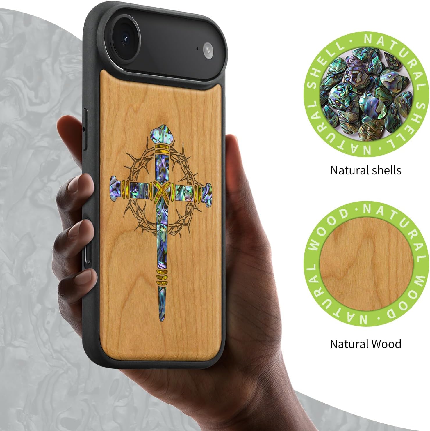 Carveit Magnetic Case for iPhone Air Case, Wood Artisan Engraved & Handmade Shell Inlaid, TPU Shockproof Cover, Compatible with MagSafe 17 Air Wireless Chargers (Crucifix Nails-Cherry)