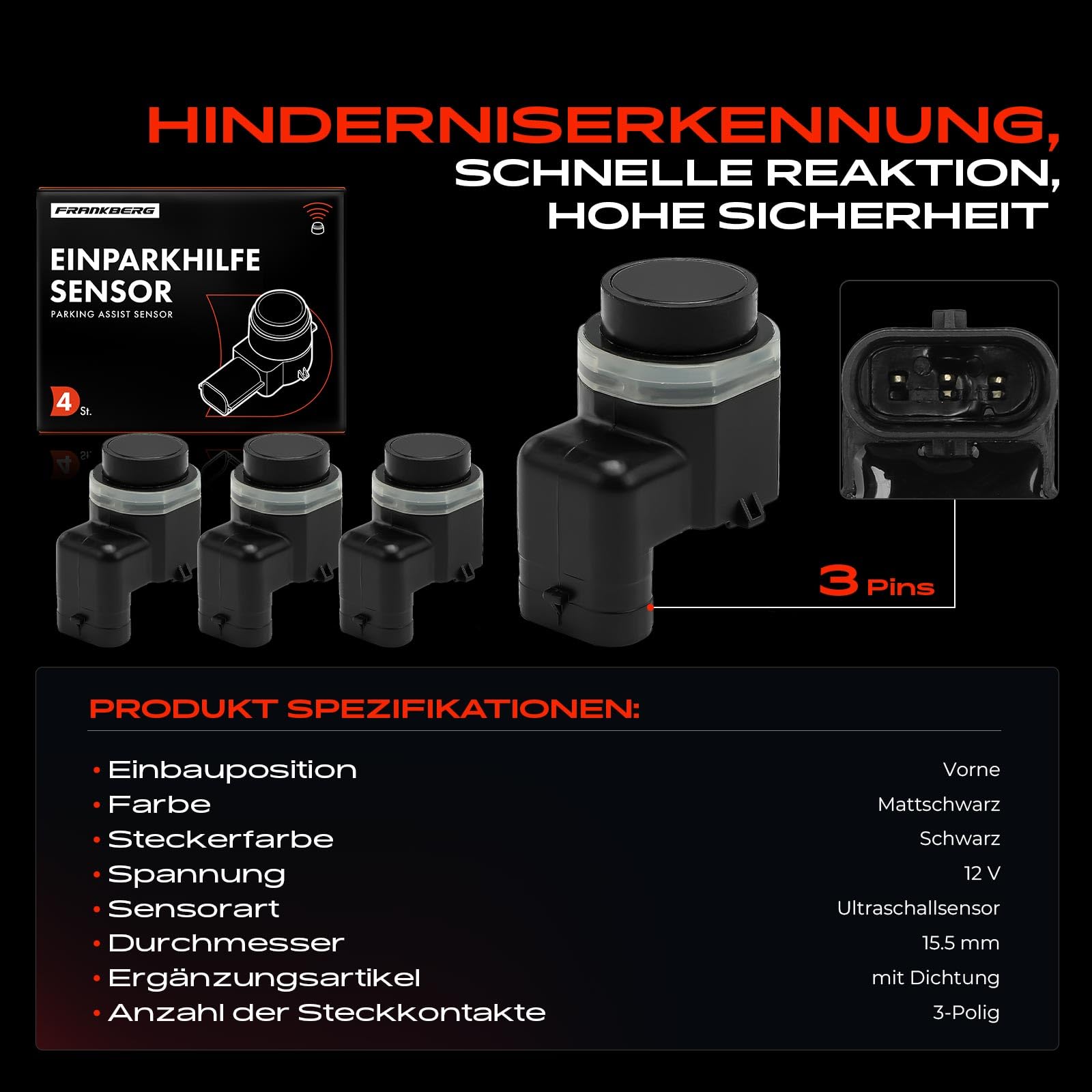 Frankberg 4X Parksensor PDC Sensor 3-polig Vorne Hinten Kompatibel mit Galaxy WA6 1.6L-2.3L 2009-2015 Mondeo IV BA7 1.6L-2.5L 2010-2012 Mondeo IV Stufenheck BA7 1.6L-2.5L Replace# AH42-15K859-AA