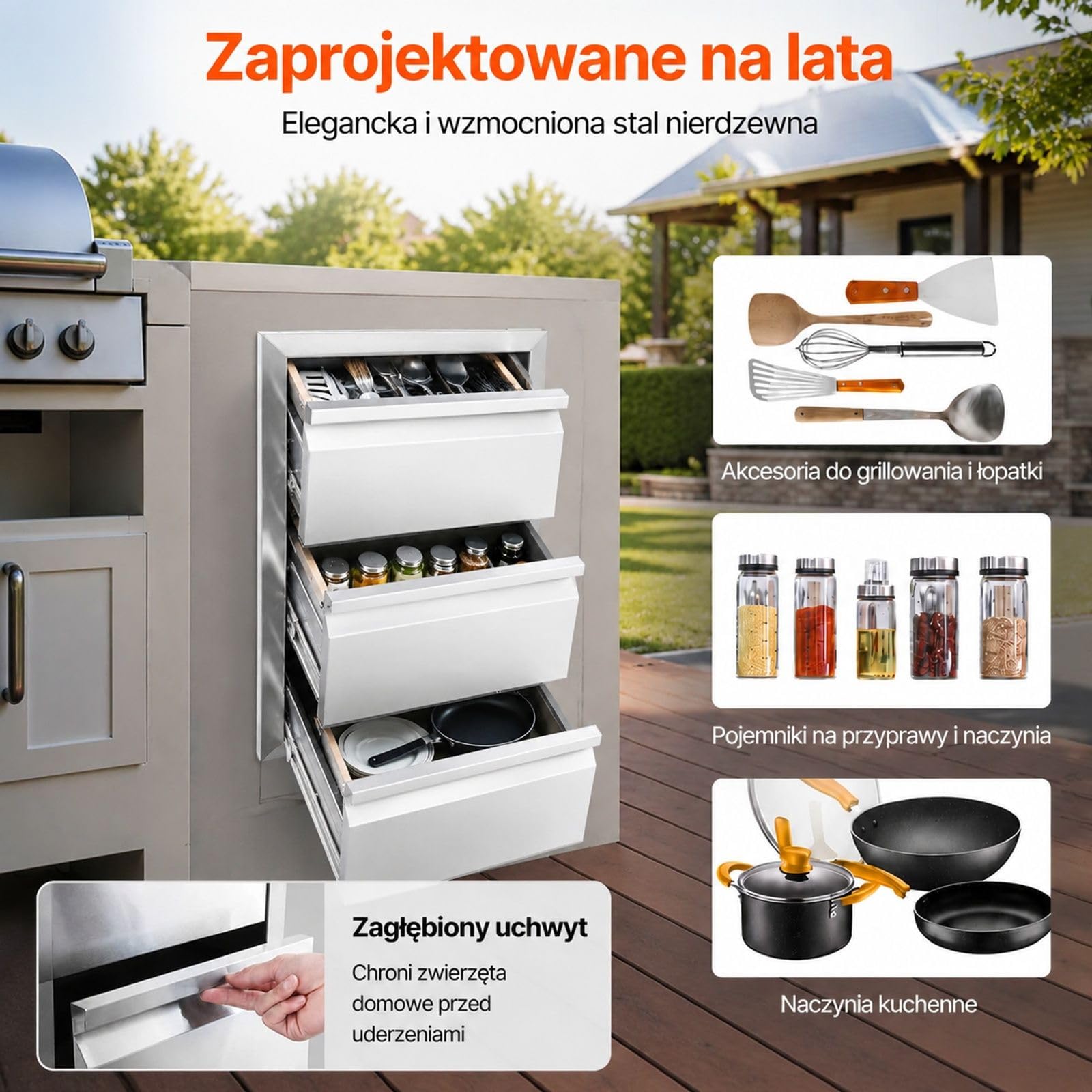 Szuflada do zabudowy z 3 komorami ze stali nierdzewnej, do kuchni zewnętrznej i wyspy grillowej