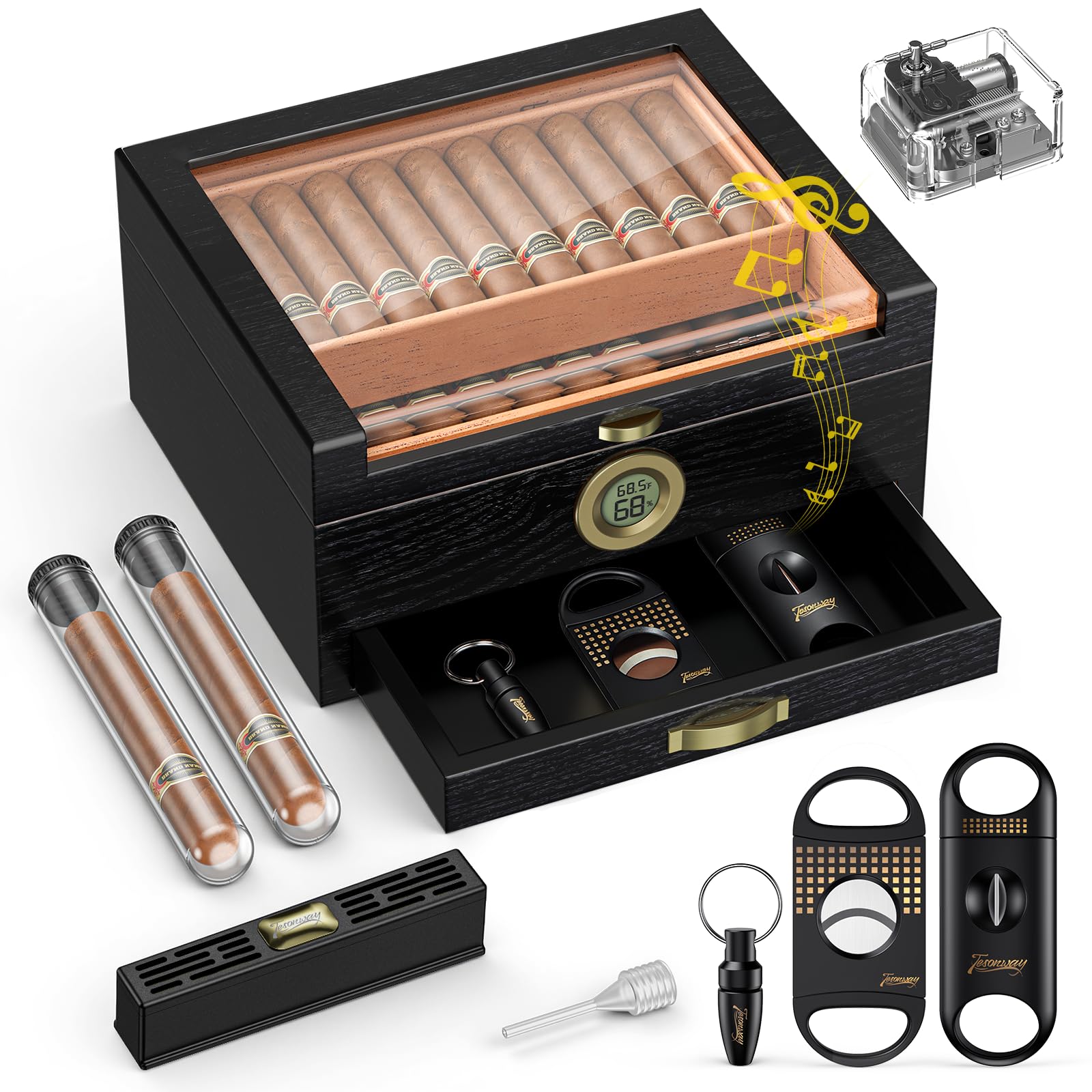 Tesonway Cigar Humidor, Glass Top Cedar Cigar Box with Music System