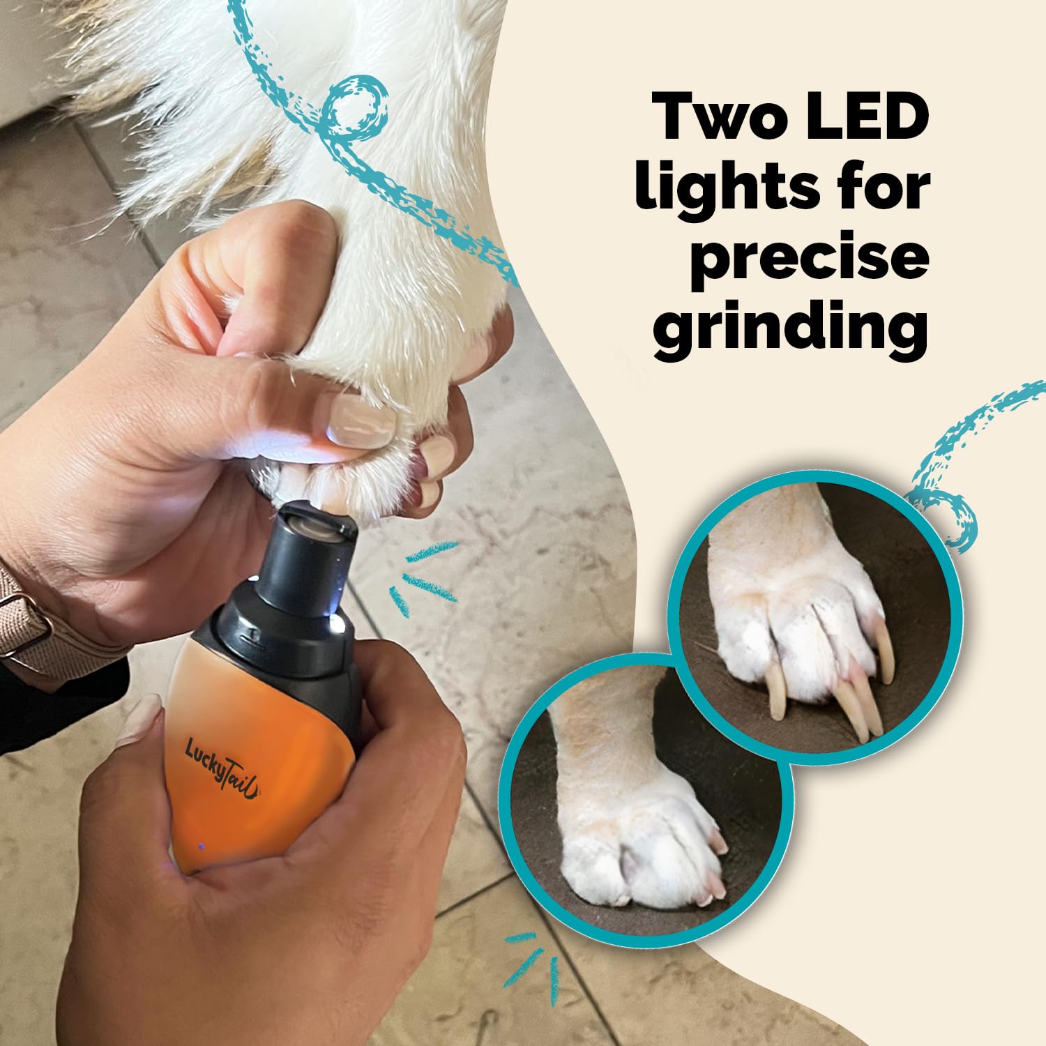 LUCKY TAIL Pet Nail Grinder for Dogs and Cats - Super Quiet and Low Vibration Electric Dog Nail Grinder with 2 LED Lights - USB Rechargeable and Cordless - 2 Speeds - Small to Large Pets - Orange - image 5