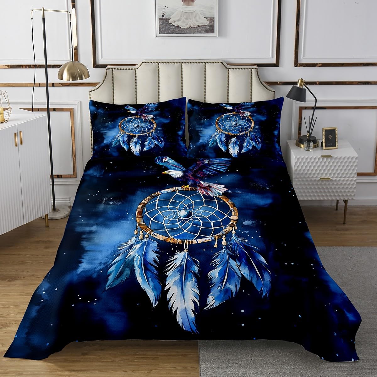 jejeloiu Dreamcatcher Bedspread King Size Eagle Coverlet Set for Kids Boys Girls Decor Boho Dream Catcher Feather Quilted Coverlet Room Decor