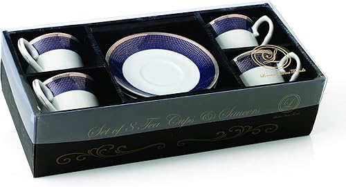 Miniatura 5 de Elegante juego de tazas y platillos de té y café de porcelana, duraderos y coloridos, color negro y dorado, 8 onzas, juego de 4
