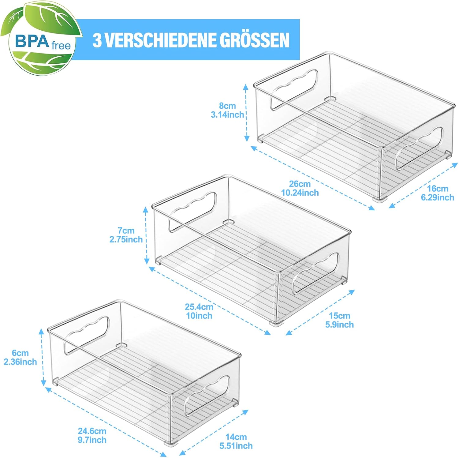 Fridge Organiser Set - 9 Pack (3 Sizes) Fridge Organiser, Kitchen Organiser for Pantry, Freezer, Cupboard, Drawer, Office - BPA Free