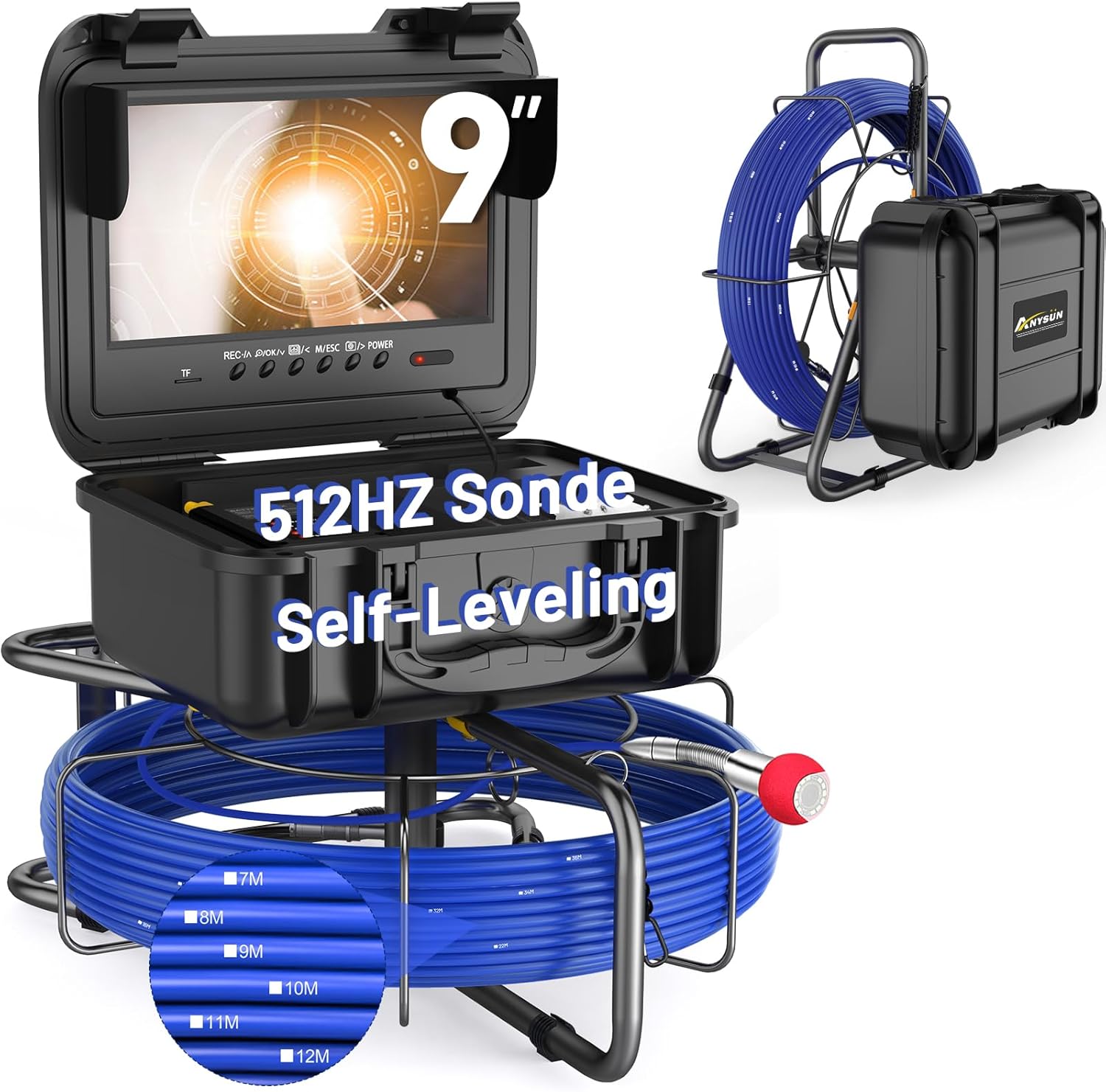 Anysun Sewer Camera Self-Leveling with 512Hz Sonde, 9" HD Screen DVR Recorder, IP68 Waterproof Plumbing Pipe Borescope Inspection, 7mm Cable with Meter Marks(150FT)