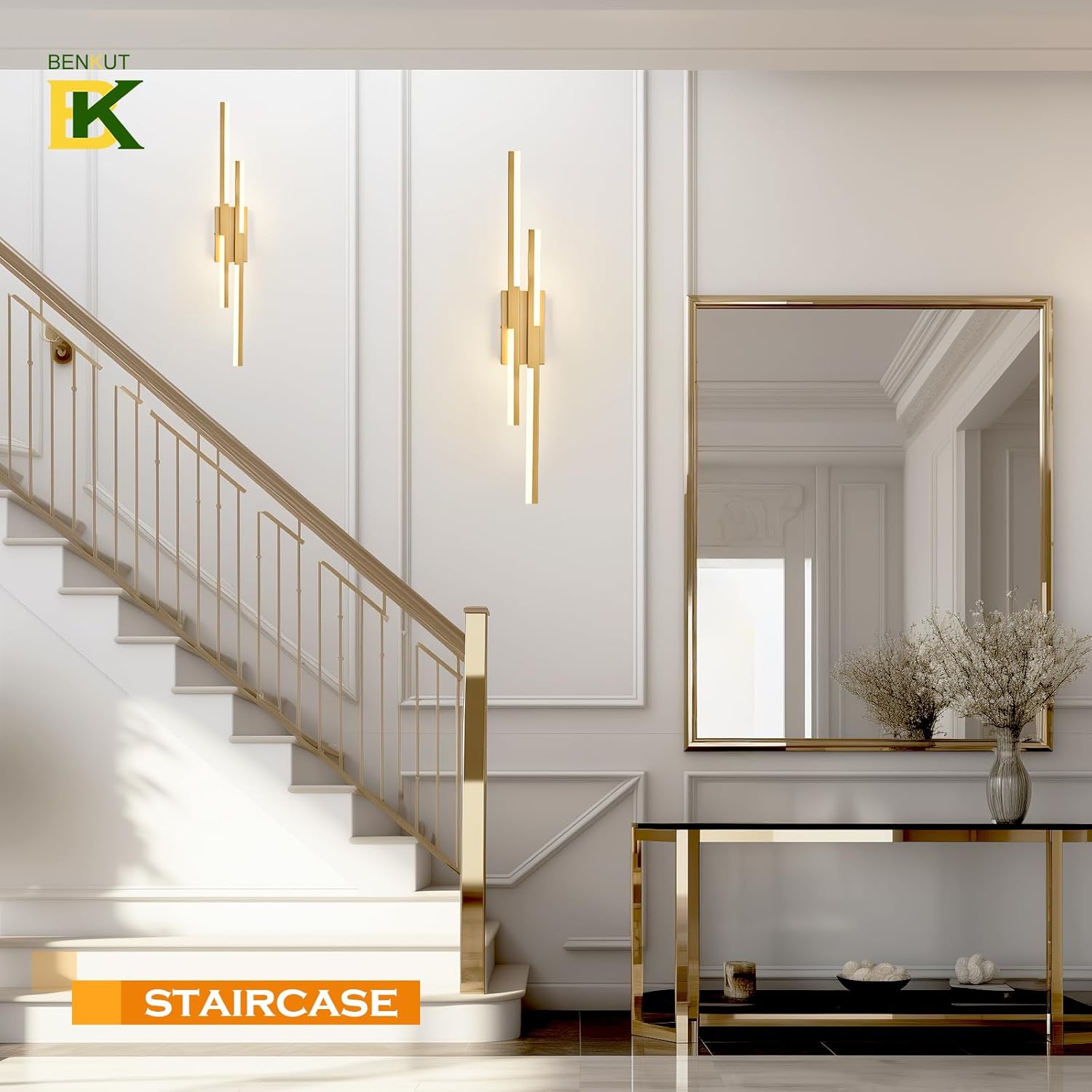 Benkut Modern LED Wall Sconce Gold Remote Wall Light Fixtures for Bathroom, Dimmable Vanity Light Indoor LED Remote Wall Sconce for Living Dining Room Bedside Bedroom (3000-6500K 35.4inch)