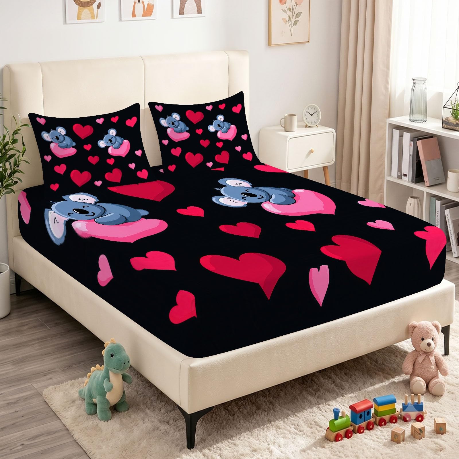 Juego de 3 sábanas bajeras ajustables de 90 x 200 cm para cuna, diseño de dibujos animados, de microfibra transpirable, sábana bajera con bonito corazón de koala y 2 fundas de almohada con cremallera