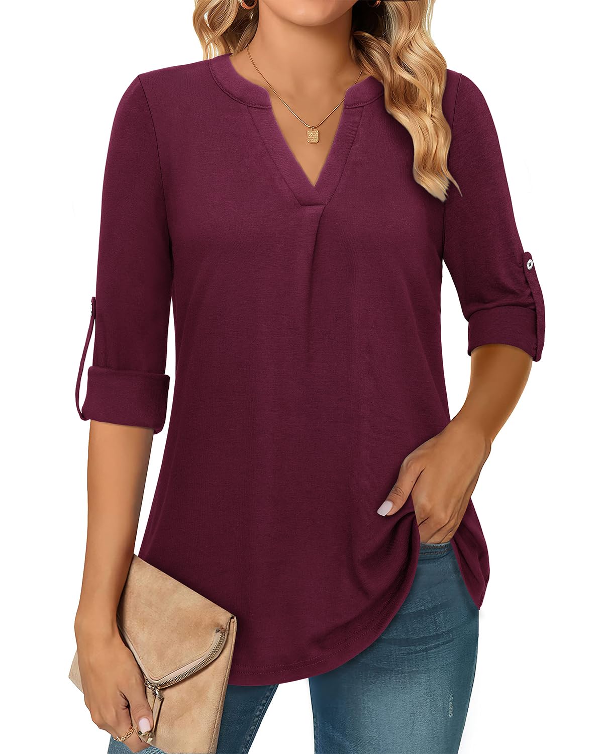 Amrto Longbluse Damen 3/4 Ärmel Bluse V-Ausschnitt Tunika Longshirt Elegant Casual Oberteile Lose Lässig Lange Shirt Outfit für Business Büro