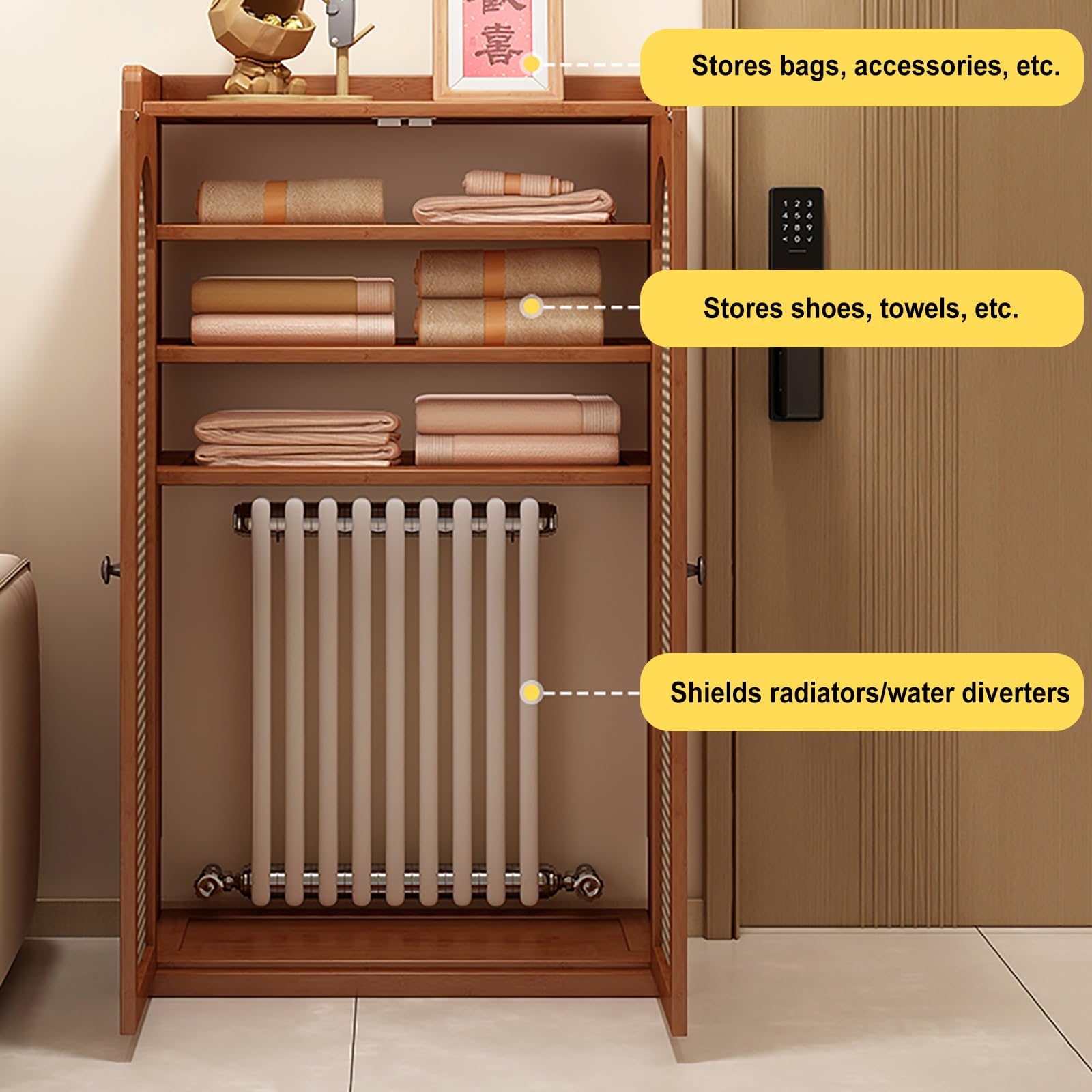 Moderna cubierta de radiador de madera con puerta, elegante cubierta de calentador y estante de almacenamiento de enrutador WiFi de ratán para sala de estar y dormitorio, decoración ideal para el