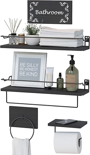 Miniatura 1 de RICHER HOUSE Juego de 5 accesorios de baño, estantes flotantes montados en la pared con toallero y anillo, letrero de baño, soporte para rollo de