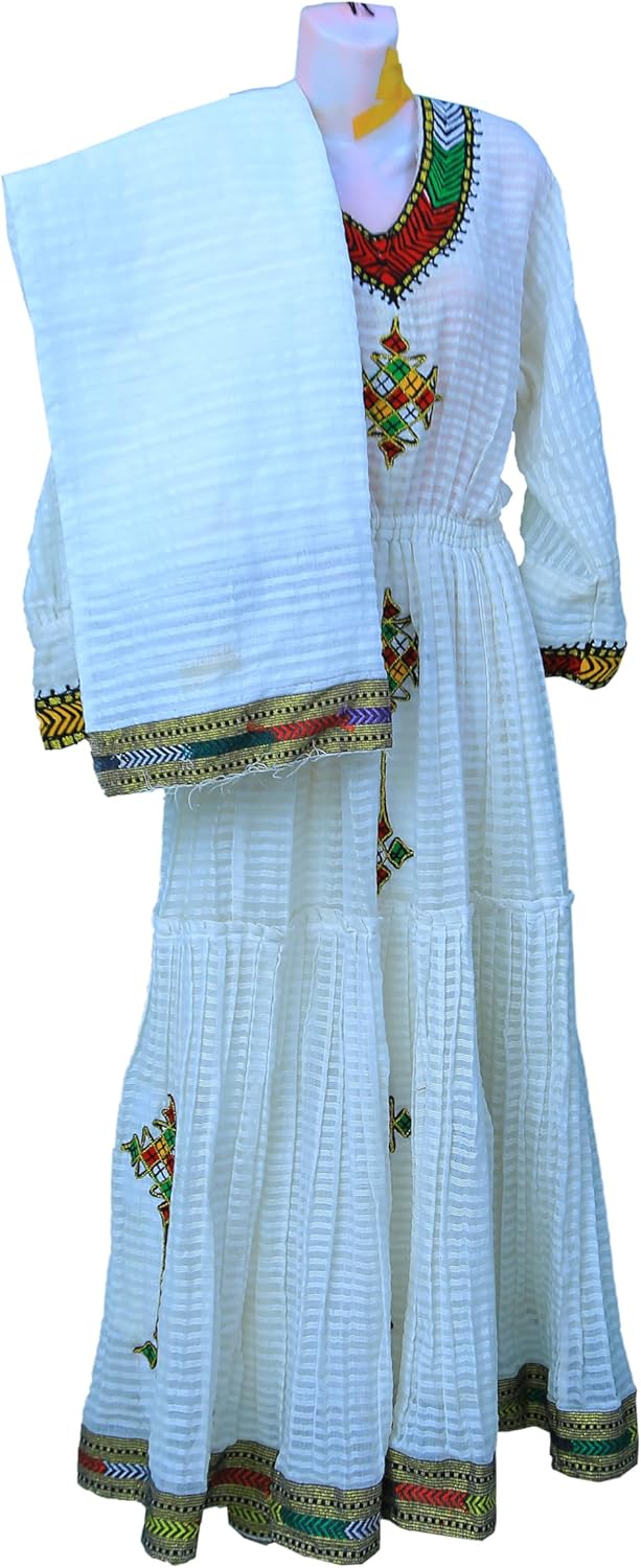 Ethiopian/Eritrean Traditional Habesha (kemis) Dress with Tilet (የሐበሻ የሐገር ባህል ልብስ). White
