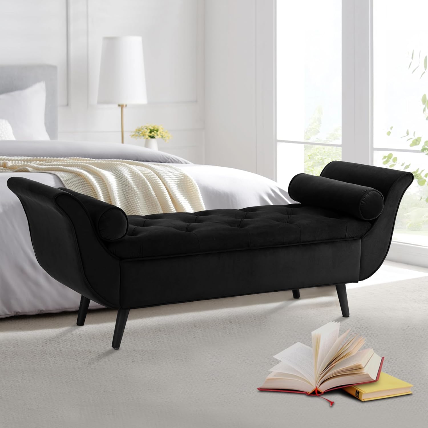 Storage Bench for Bedroom End of Bed, 65" Velvet Upholstered Rolled Armed Button Tufted Stool Bench, Storage Ottoman Long Bench with with 2 Pillows for Entryway (Black)