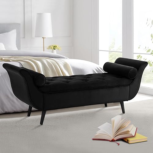 Banco de almacenamiento para extremo de cama de dormitorio, banco tapizado de terciopelo de 165 cm con brazos enrollados y botones acolchados, banco