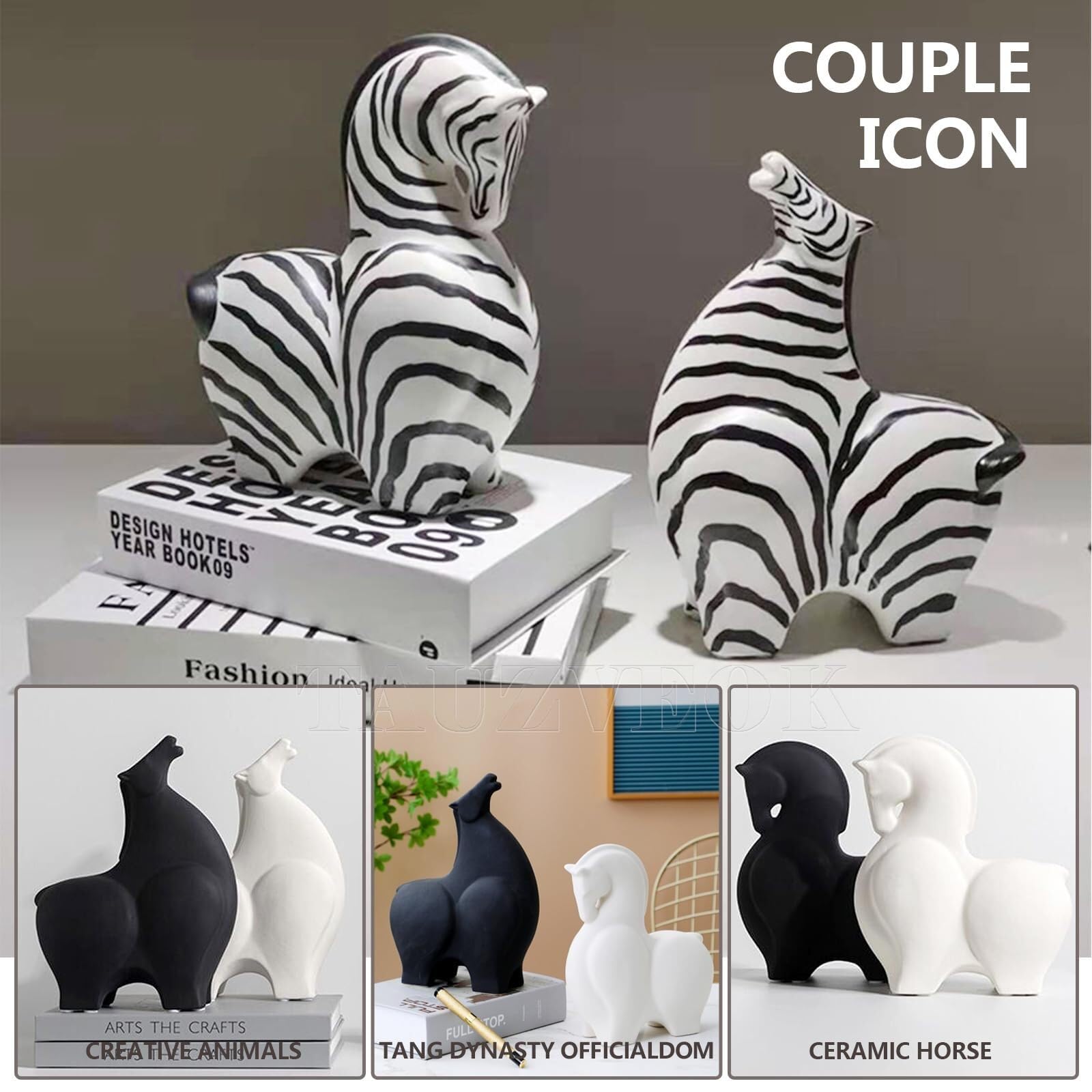 Regalos para Mujeres Escultura Abstracta Moderna de los Caballos la Estatua cerámica Deco del Caballo for Sala Estar Decoración para estanterías(Black B)
