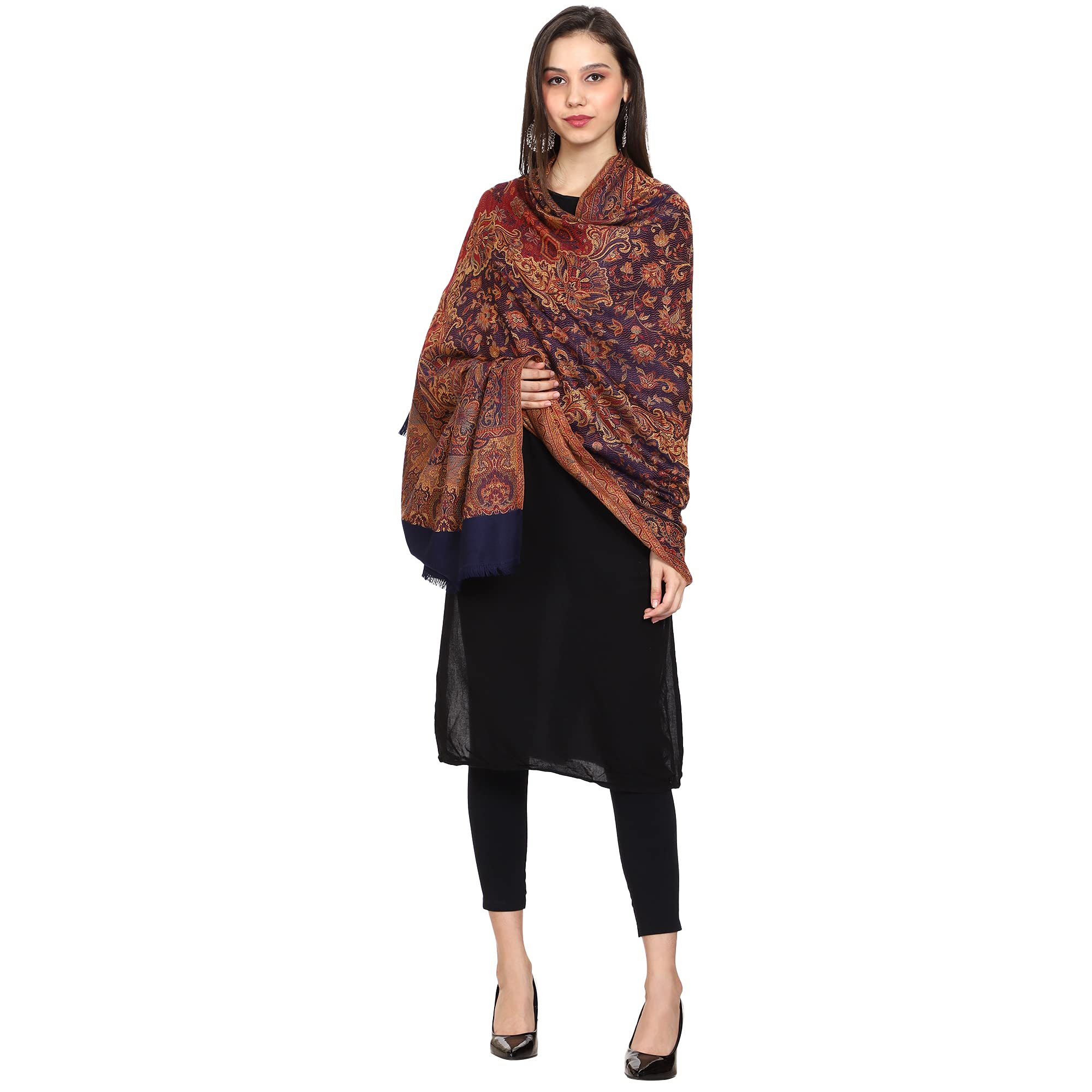 SWI STYLISH Women’s Kashmiri Jamawar Inspired Shawl – Warm Silky Soft Polyester Winter Wrap (100x200 cm) Large Designer Shawl for Ladies (Navy Blue) 2