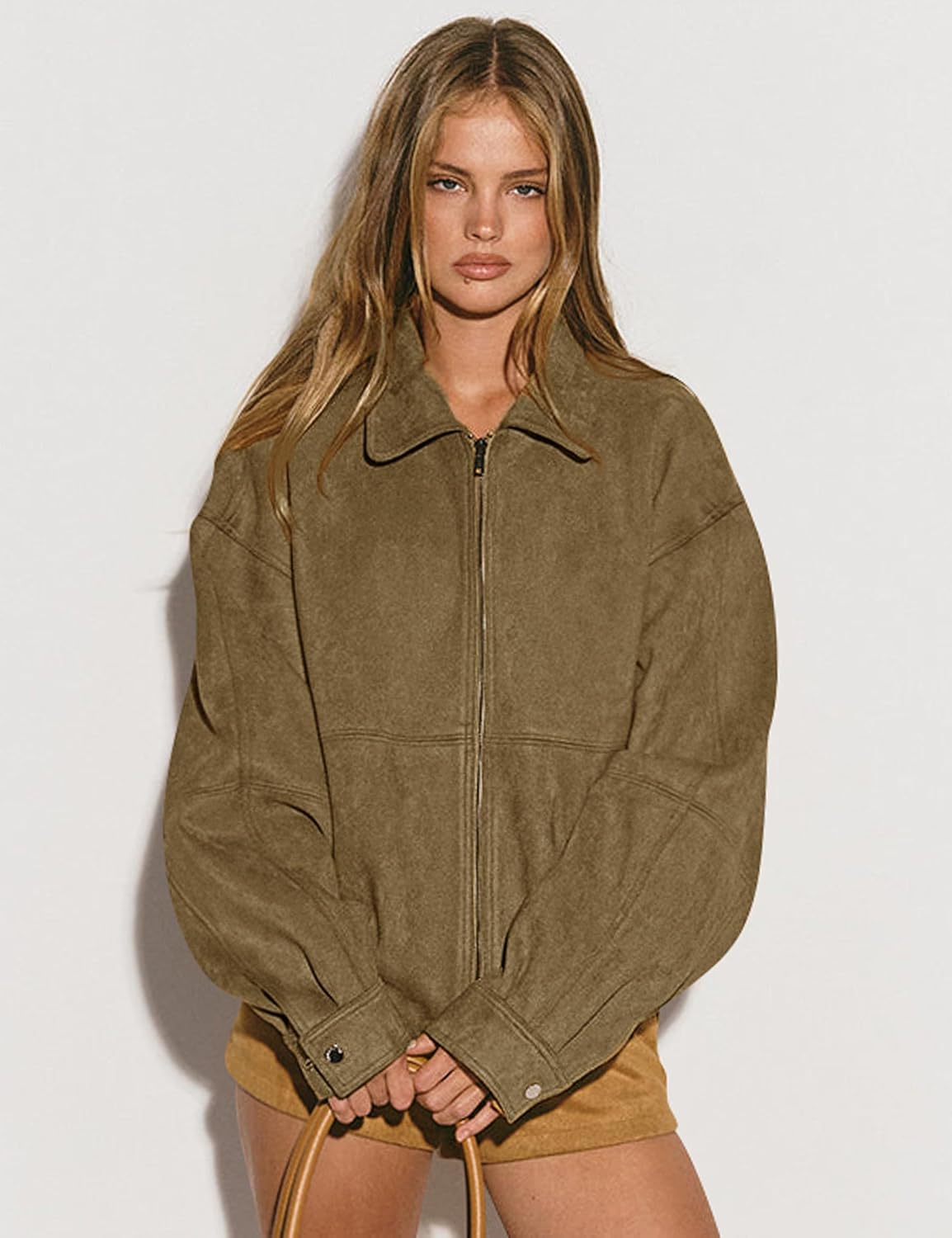 PHISOCKAT Women's Faux Suede Jackets Zip Up Long Sleeve Suede Bomber Oversized Jacket Fall Jackets with Pocket - Image 3