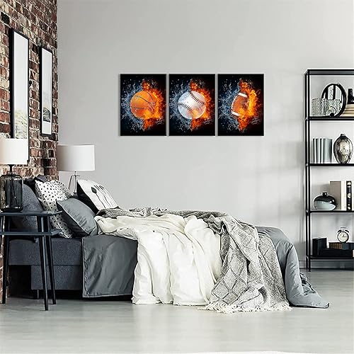 Miniatura 5 de Póster de 3 paneles con diseño de pelota deportiva de llamas, pintura en lienzo para decoración de pared de habitación de bebé, decoración de pared