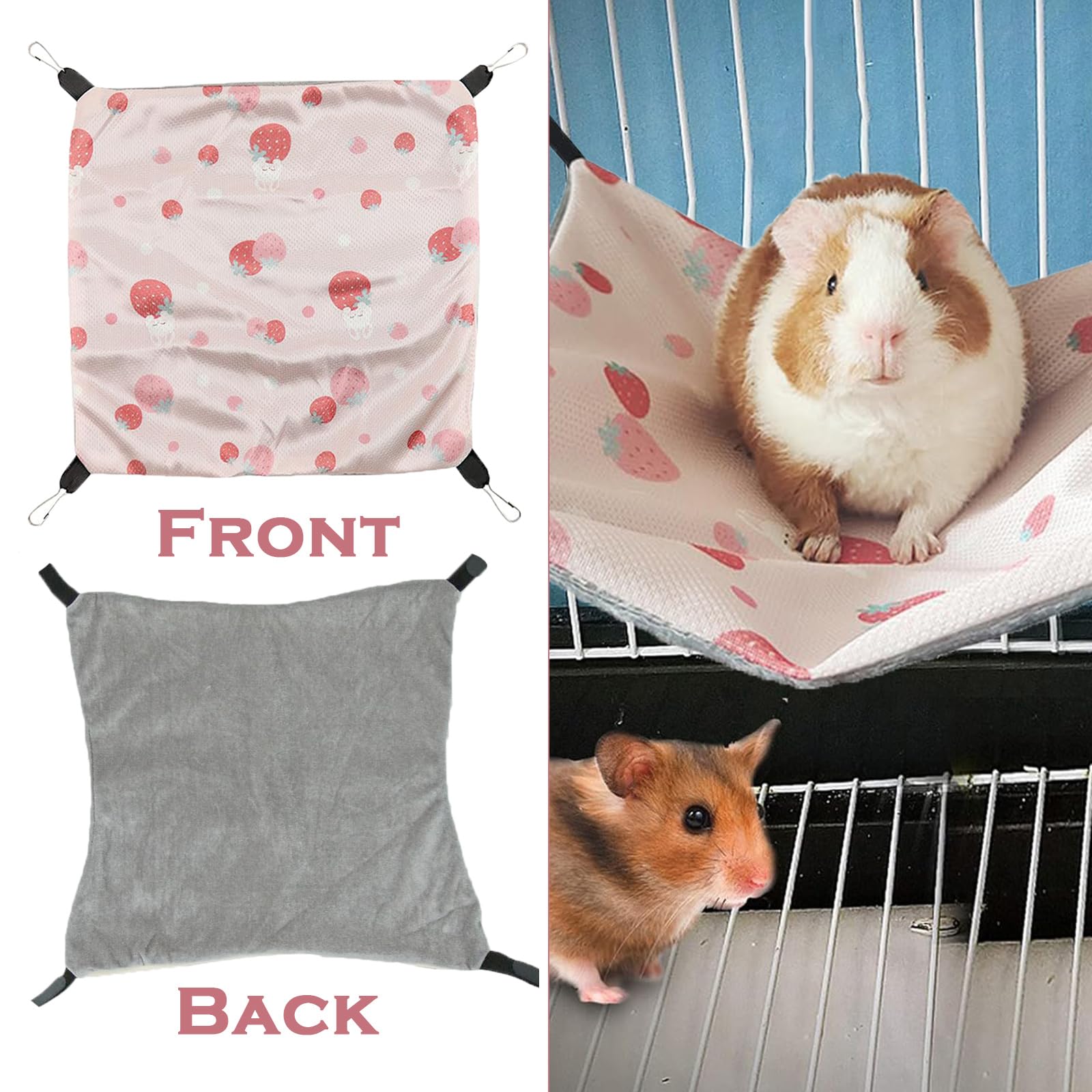 Hamac Cochon d'Inde Avocat Cousu Main 34CM x 34CM Cage Furet Réglable Librement pour Repos Jeu Sieste Cabane Lapin Conception Antidérapante pour Lapin Hamster Cochon d'Inde (Fraise Rose)