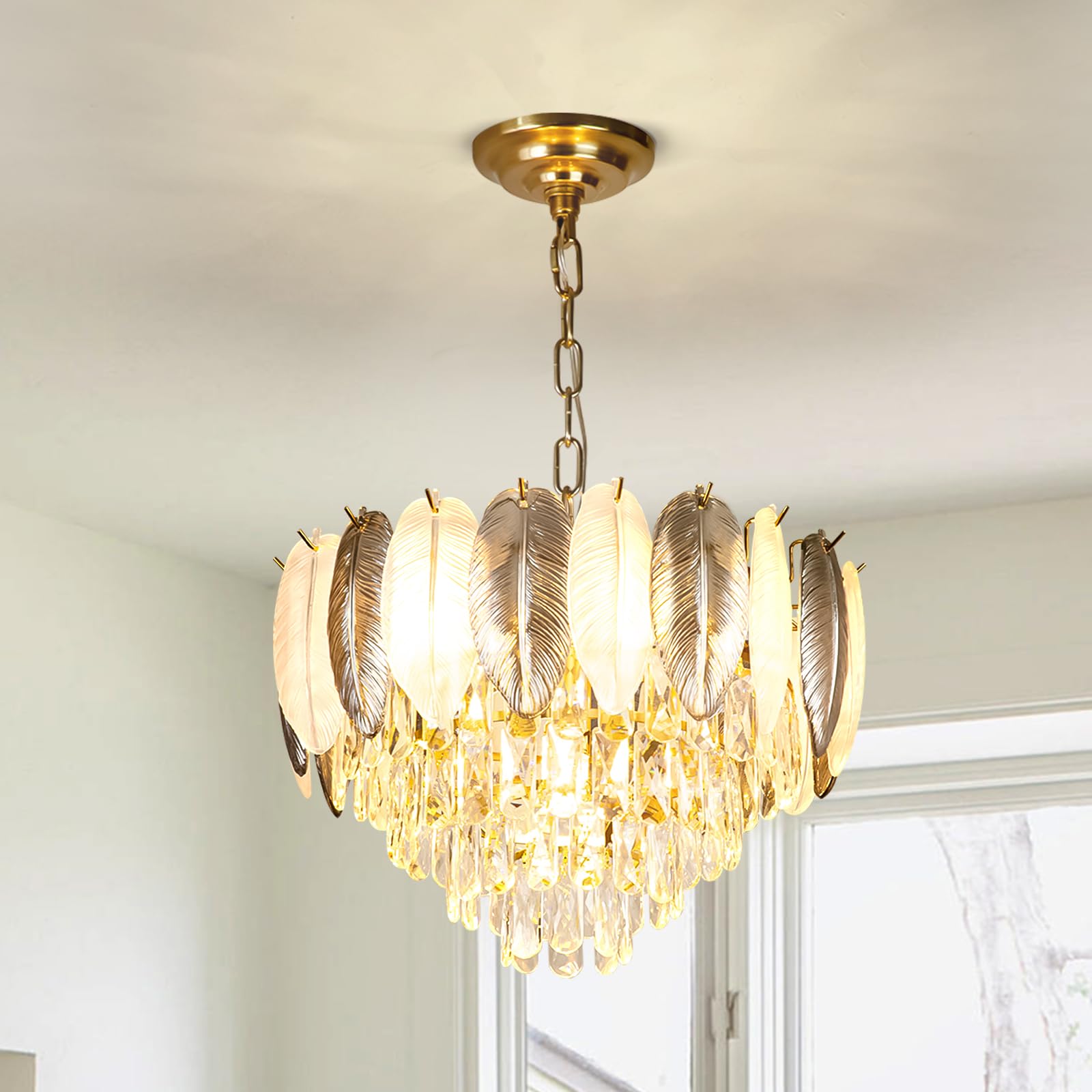 Wansi Shine 6-Light Modern Feather Crystal Chandelier, 19.68" Two-Tone Feather Glass Crystal Chandelier, French Round Hanging Ceiling Pendant Light for Bedroom, Included LED E12 Bulbs UL Listed