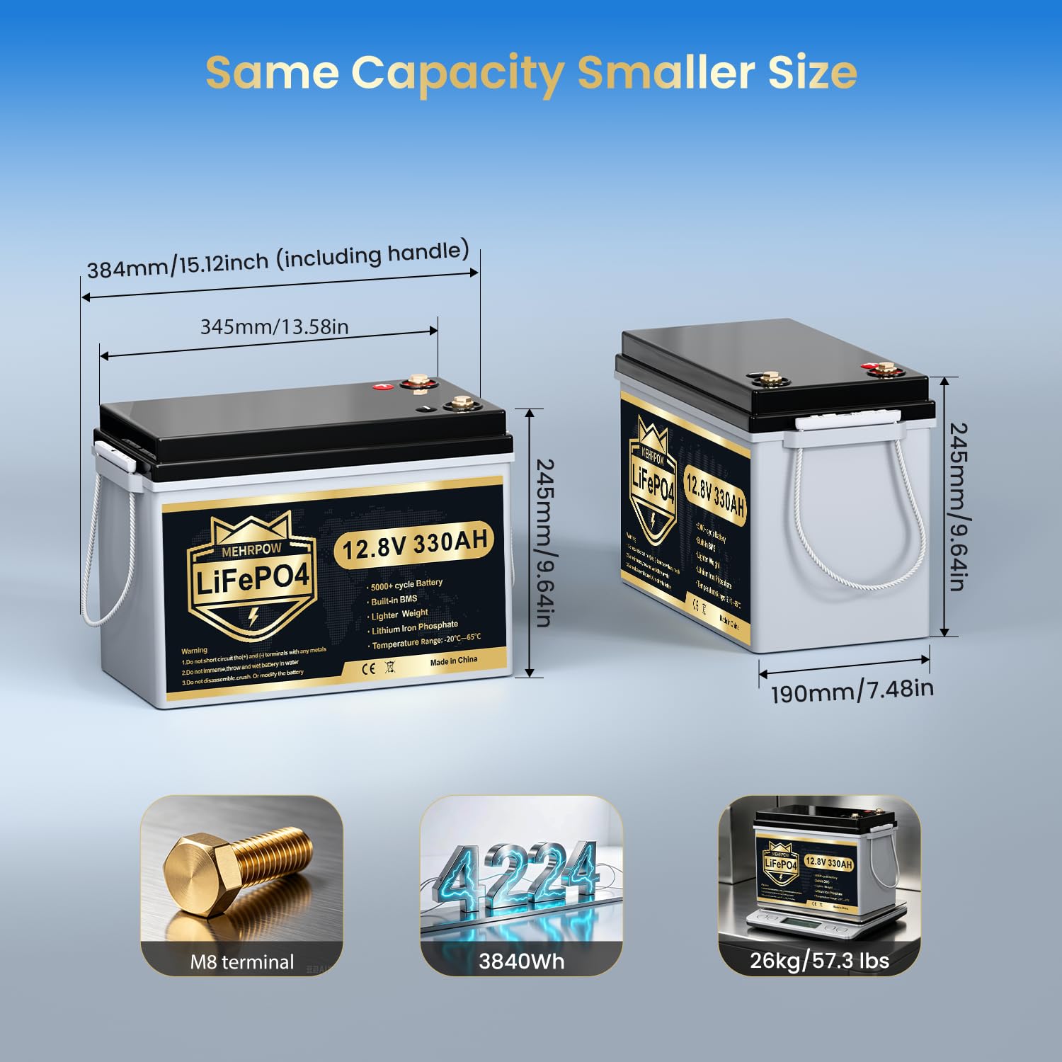 12V 330Ah LiFePO4 Lithium Batterie Bluetooth, 200A BMS Akku, 15000 Zyklen, 4224Wh Energie, Low Temp Cut Off Schutz, Deep Cycle, Mini, Wohnmobil RV Solar Trolling Motor