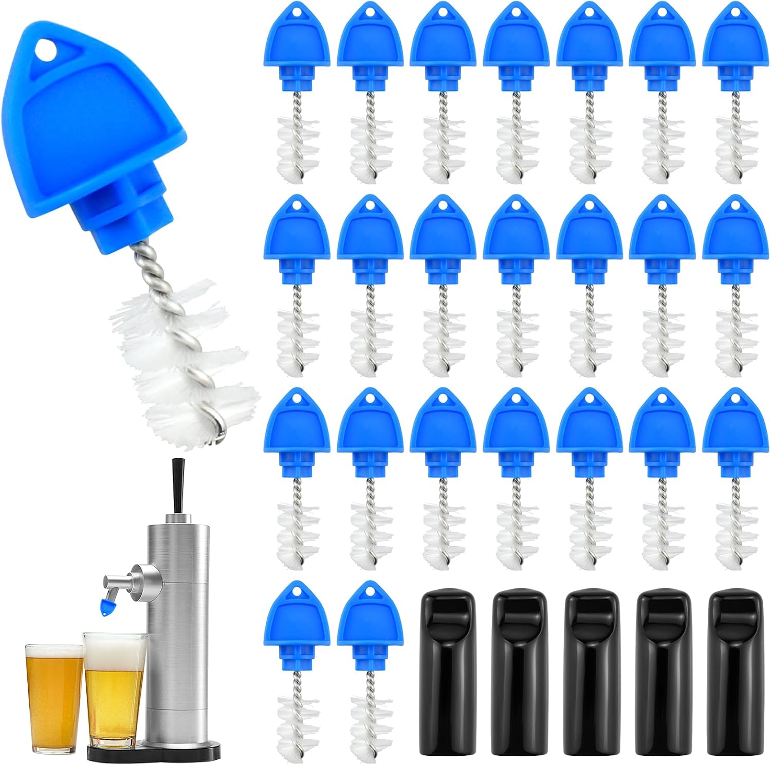 Beer Tap Plugs Brush Kit - 24 Cleaning Brushes & 5 Draft Beer Tap Plugs for Kegerator Cleaning Replacement Cleaning Parts, Sanitary Faucet Cap Cover Brush Set for Most Taps Bar