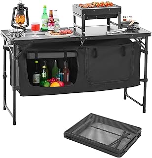 VEVOR Camping Kitchen Table, Folding Outdoor Cooking Table, 3 Adjustable Heights, Aluminum Lightweight Portable Cook Station with Storage Organizer, Carry Handle, for BBQ Party Picnic RV Travel, Black