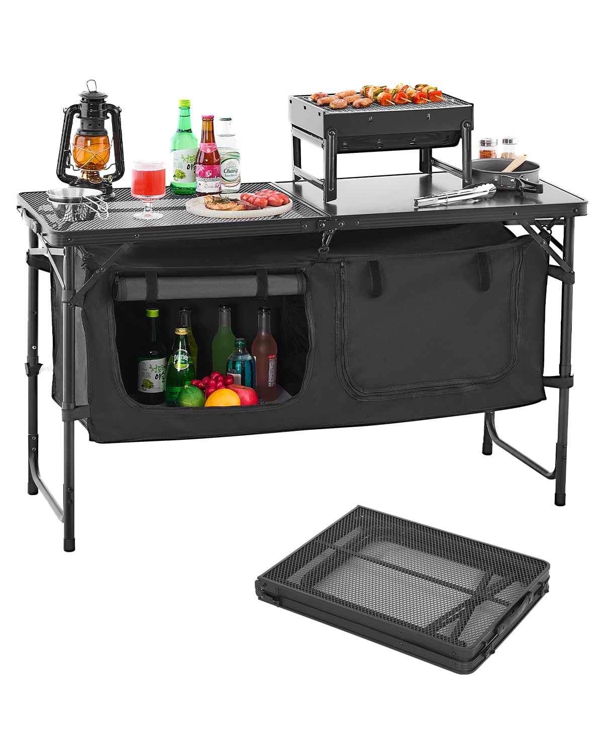 Vevor Tavolo Da Cucina Da Campeggio, 3 Altezze Regolabili, Stazione Di Cottura Portatile Leggera In Alluminio Con Organizzatore Per Riporre Oggetti, Maniglia Per Trasporto, Per Barbecue, Feste, Nero-image