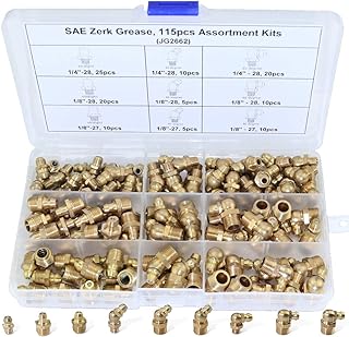 Boeray 115pcs 1/4“ 1/8” Hydraulic Grease Brass Zerk Fitting SAE Standard Assortment Kit-Straight, 90-Degree, 45-Degree Angled Zerk Assortment Set