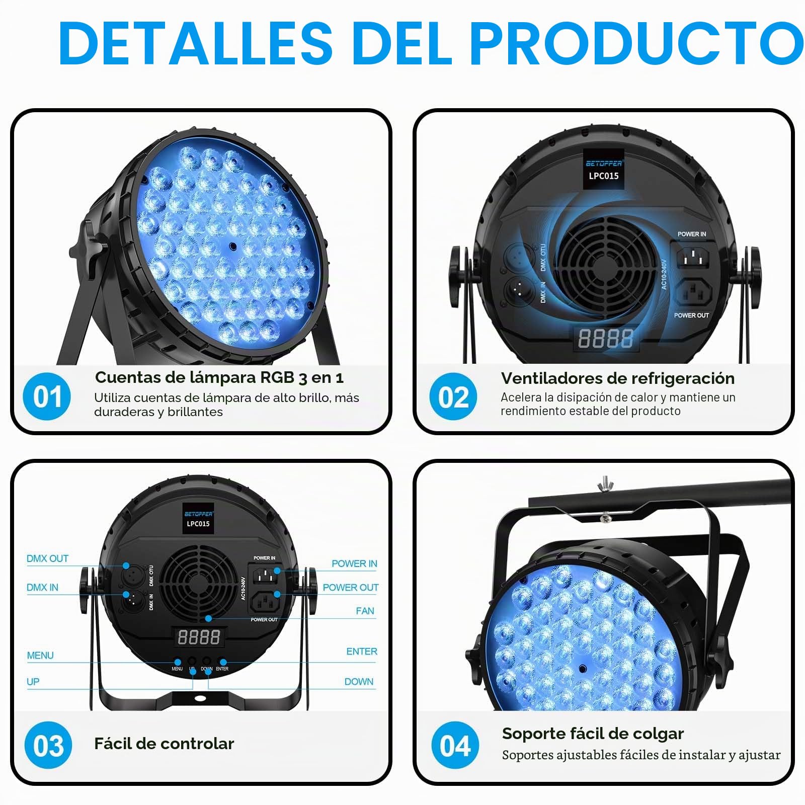 BETOPPER Foco PAR LED DMX 162W (54x3W) - Luz Escenario DJ con Control Automático/Música/DMX512,Efectos Estroboscópicos,Para Discotecas, Bodas, Bares LPC015