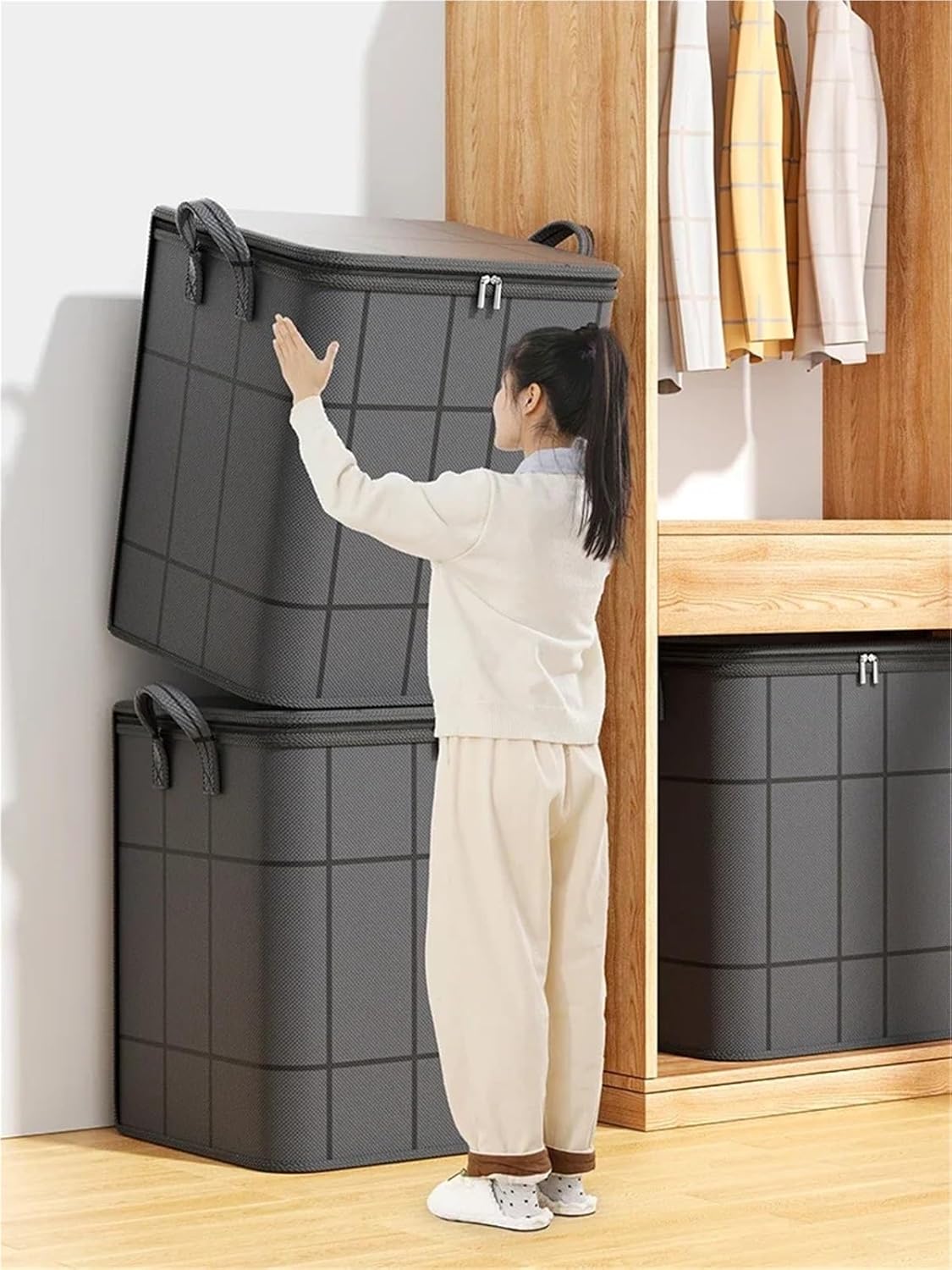 Foldable Storage Bags Large Storage Bags for Clothes, Foldable Thick Fabric Blanket Comforter Bags Reinforced HandlesWaterproof Dustproof Containers(S)