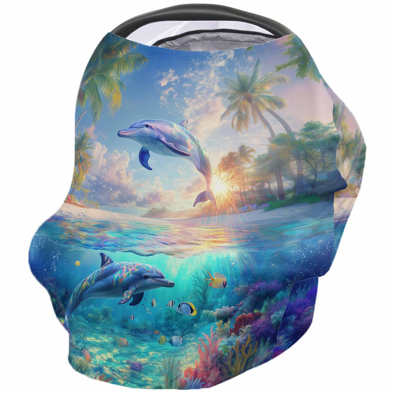 Nursing Cover for Breastfeeding Scarf, Marine Life Tropical Trees Summer Baby Car Covers Super Soft Multi Use for Canopy Shopping Cart Cover Blanket Stroller Cover