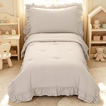 Toddler Bedding Set for Girls, 4 Piece Double Ruffles Soft and Breathable Toddler Bed Sheets with Boho Toddler Comforter, Fitted Sheet, Flat Sheet and Pillowcase, Pale Beige