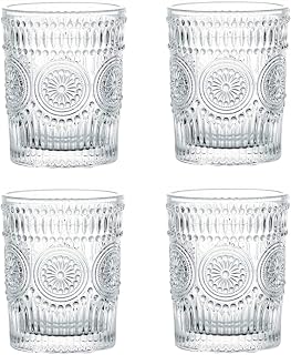 Amzcku Vintage Drinking Glass Set of 4, 10 oz - For Cocktails, Mixed Drinks, Whiskey, Beverage, Water, Milk and Juice…