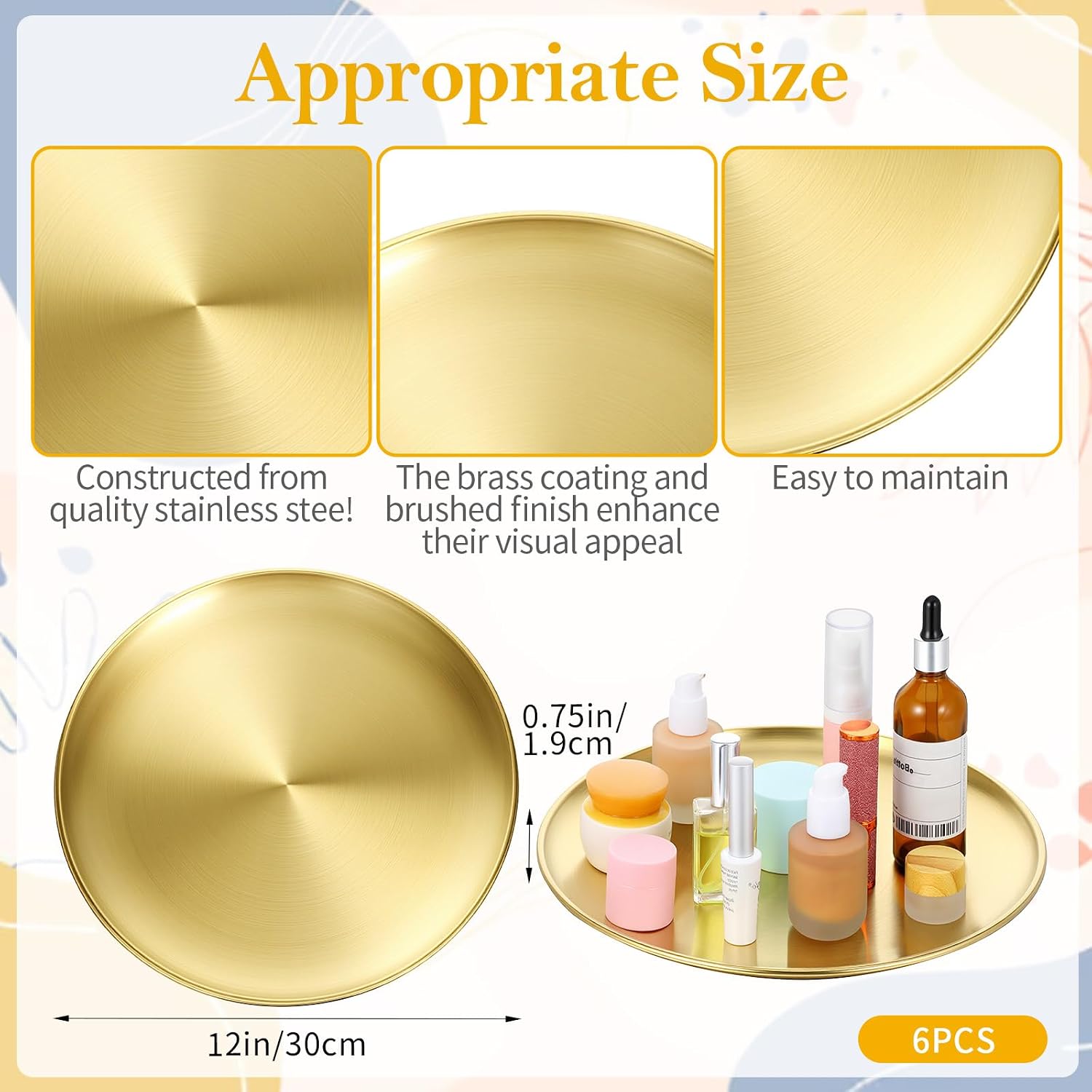 6 PCS Gold Trays for Decor, 12 Inch Round Gold Tray Stainless Steel Golds Serving Trays Decorative Dresser Vanity Tray Coffee Table Metal Decor Dishes for Bathroom Candle Perfume Countertop