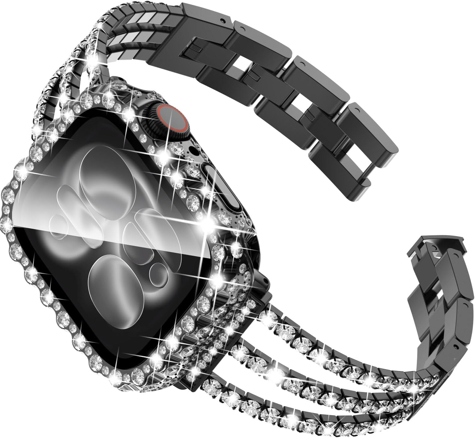 Surace Metal Band for Apple Watch Series 11/10 Bands for Women 42mm, Bling Diamond Rhinestone Link Bracelet with 2 in 1 Waterproof Bling Case Lace Edge Diamond Protective Bumper Face Cover, Black