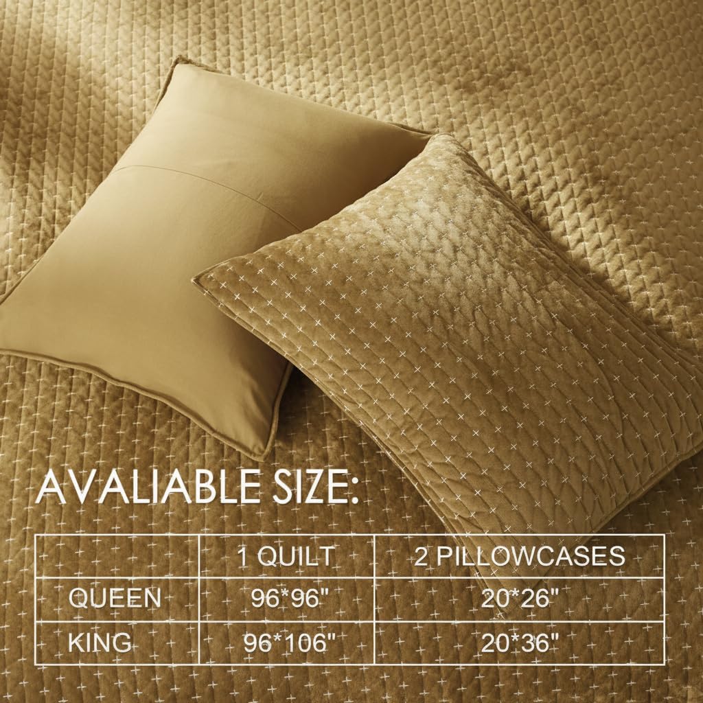 Powdion Velvet Quilt Queen, Oversized Bedspread Quilted Bedding Set, Luxurious Soft Coverlet Set Lightweight Velvet Comforter with 2 Pillow Shams,Brwon, 90x96 Cross Stitch Striped Quilt Queen