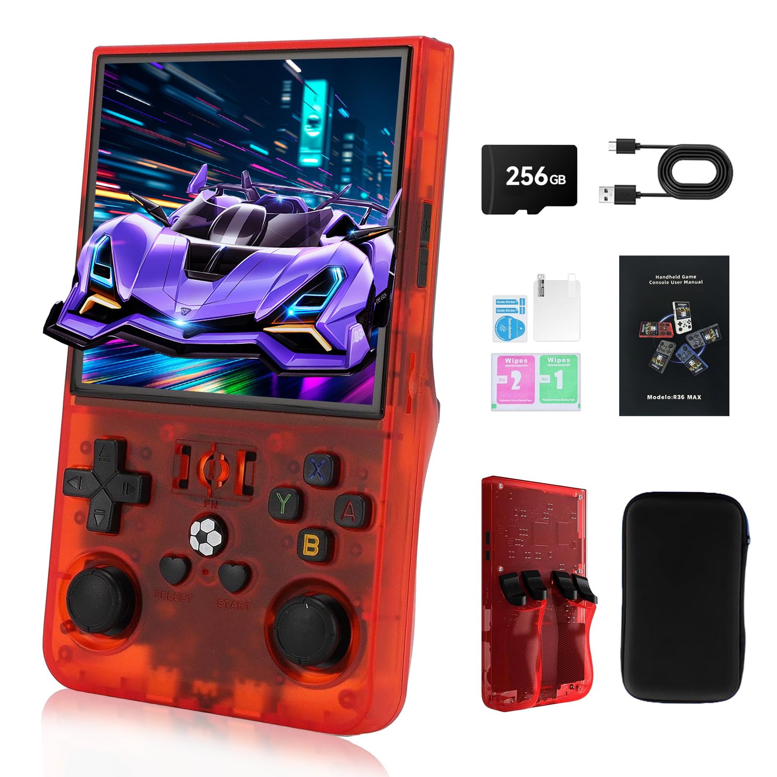 Hedlaoy R36 Max Retro Handheld Gaming Console, 256GB, 40,000+ Games, Portable 4-Inch IPS Screen (Transparent Red)
