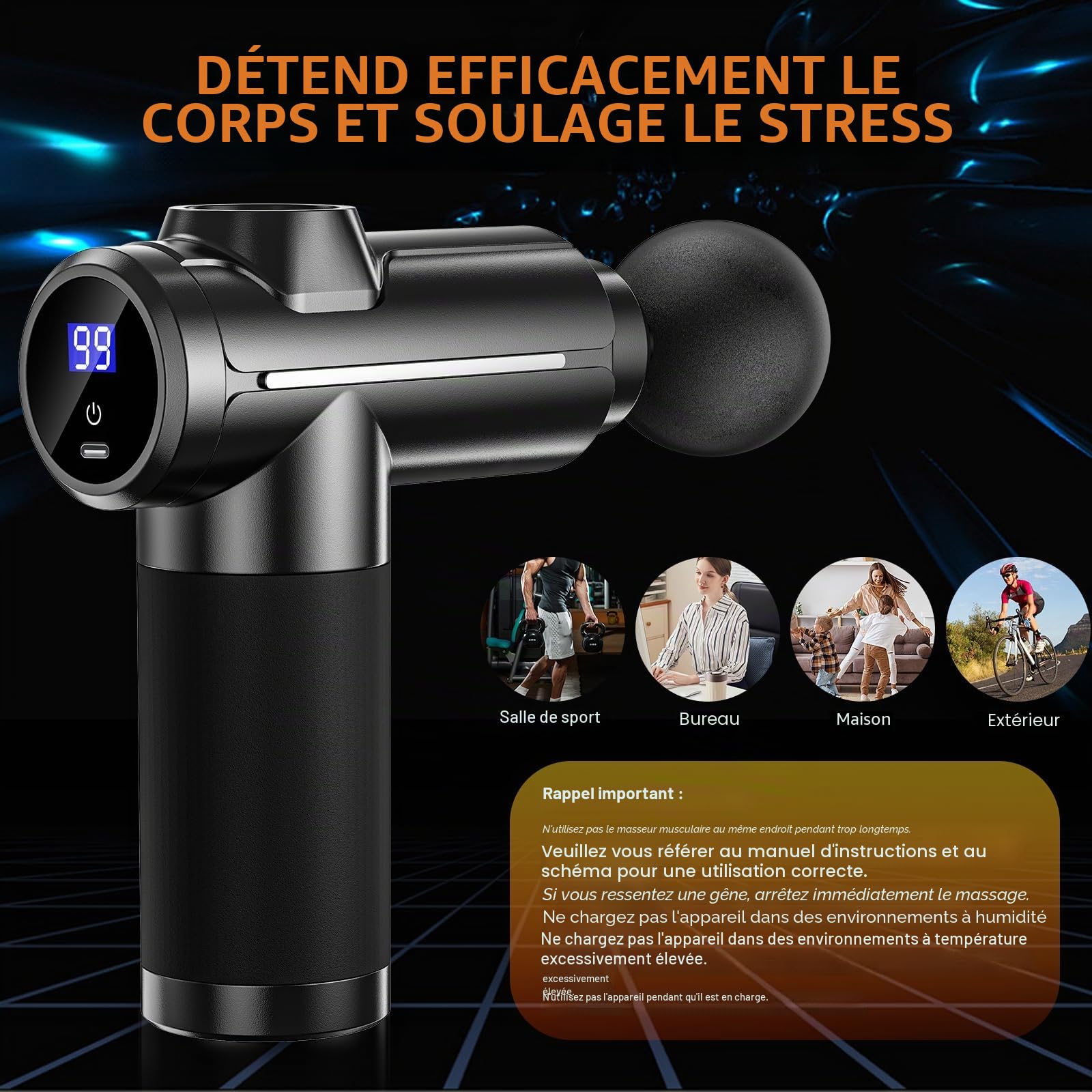 Pistolet de Massage Musculaire, Masseur de Muscle Profonds Massage gun avec 32 Niveaux Réglables, 8 Têtes de Massage Pistolet Massage pour Douleurs Musculaires et Raideurs