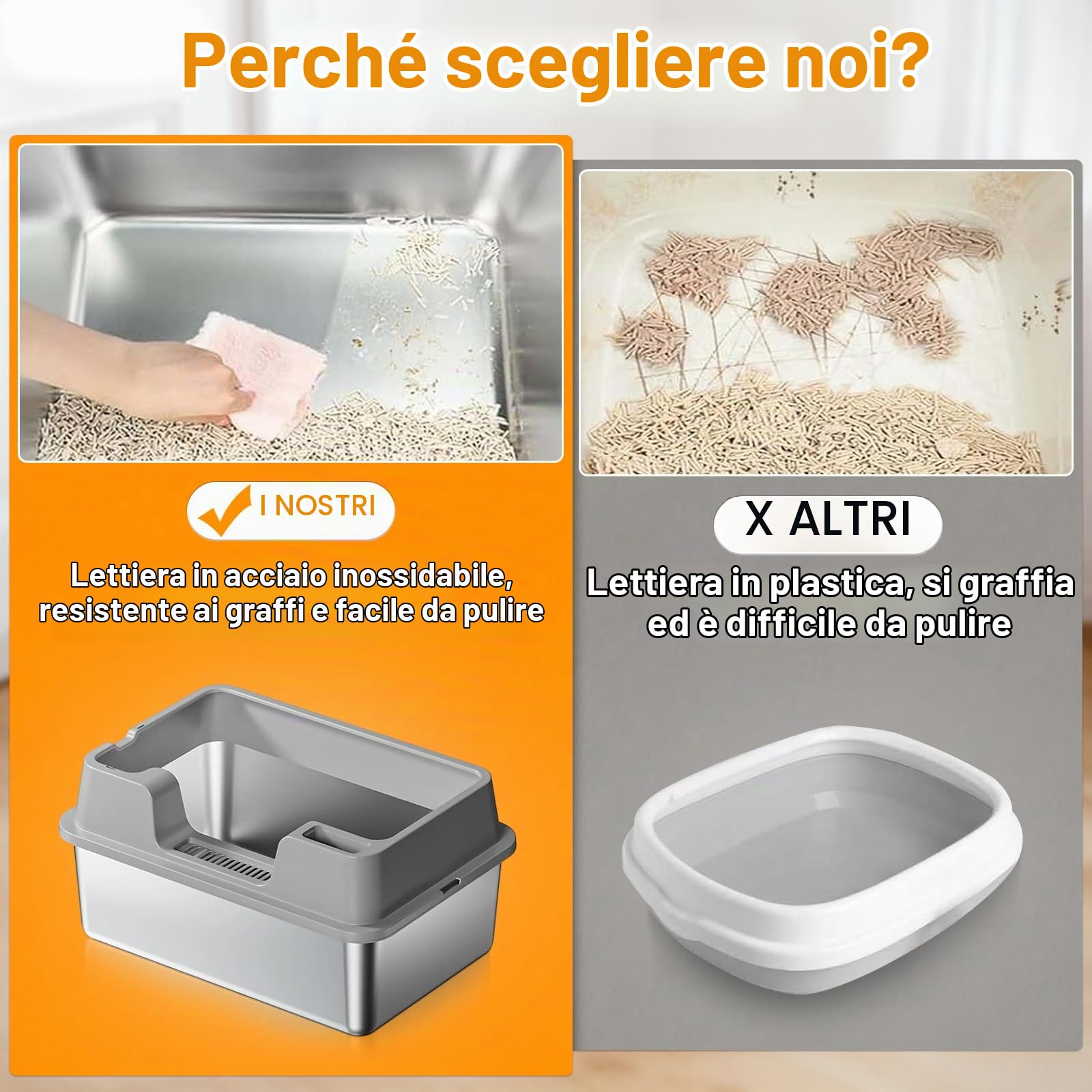 Garvee Lettiera Gatto Acciaio Inox XXL 60x40x22cm, Semichiusa con Bordi Alti per Gatti Grandi e Multipli, Antiaderente, Antiodore, Anti Perdite, con Paletta, Facile da Pulire, Grigio