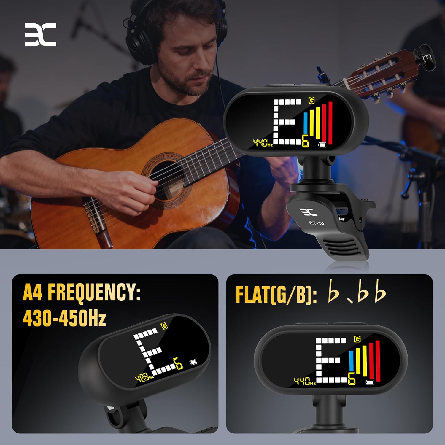 EX プロフェッショナル 充電式 クロマチック クリップオン ギター チューナー &mdash; 高速で超正確なクリップオンチューナー カラーL