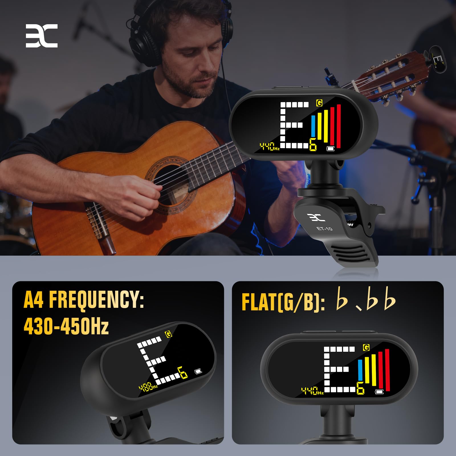 EX Professionelles, wiederaufladbares, chromatisches Stimmgerät für Gitarren, zum Anklippen, schnelles, ultra-präzises Clip-On-Stimmgerät mit Farb-LCD für Akustikgitarre, Bassgitarre, Ukulele und