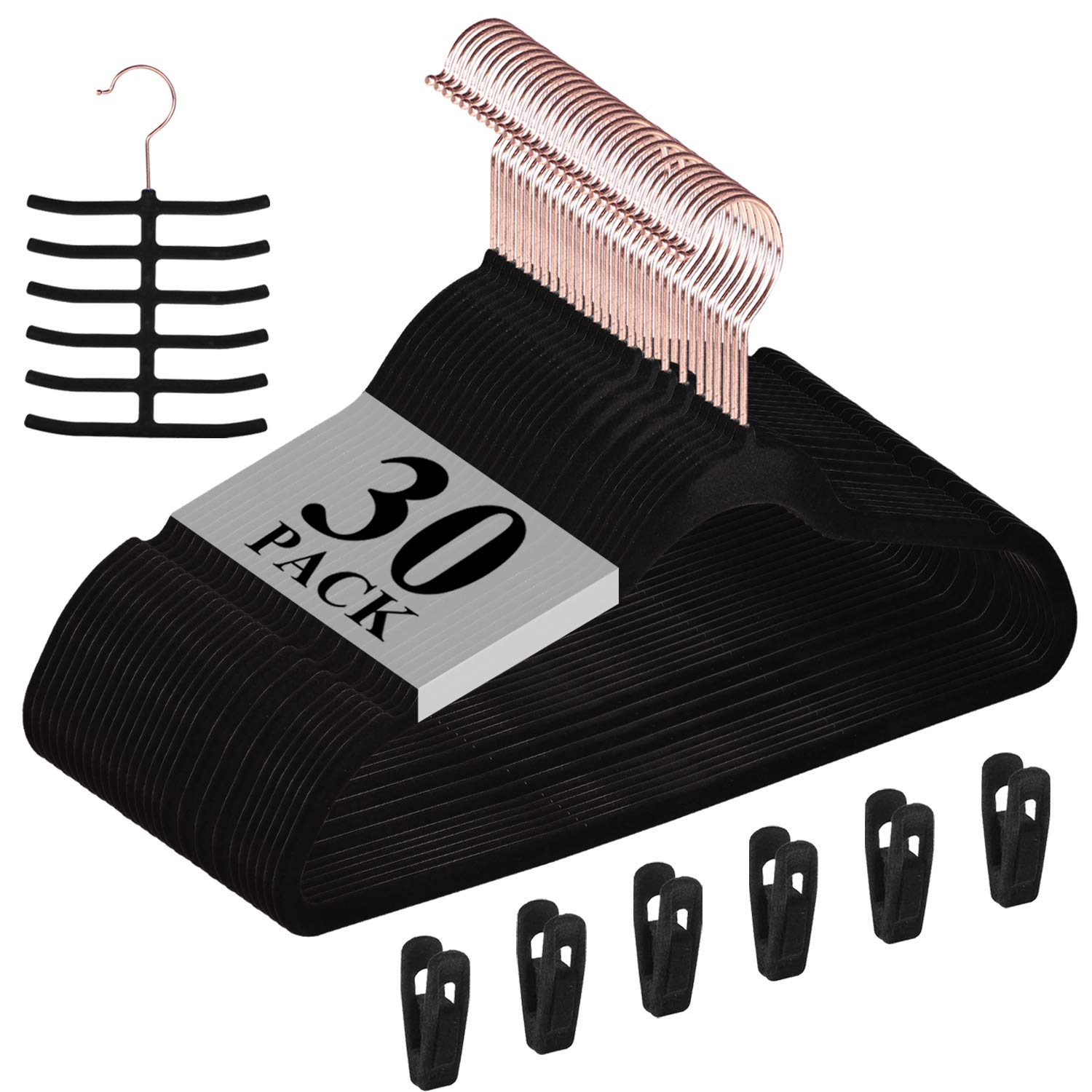 VECELO Premium Velvet Clothes Hangers Suit Heavy Duty (30 Pack)-Non Slip & Space-Saving with 6 Finger Clips & Tie Rack Excellent for Men and Women?Black