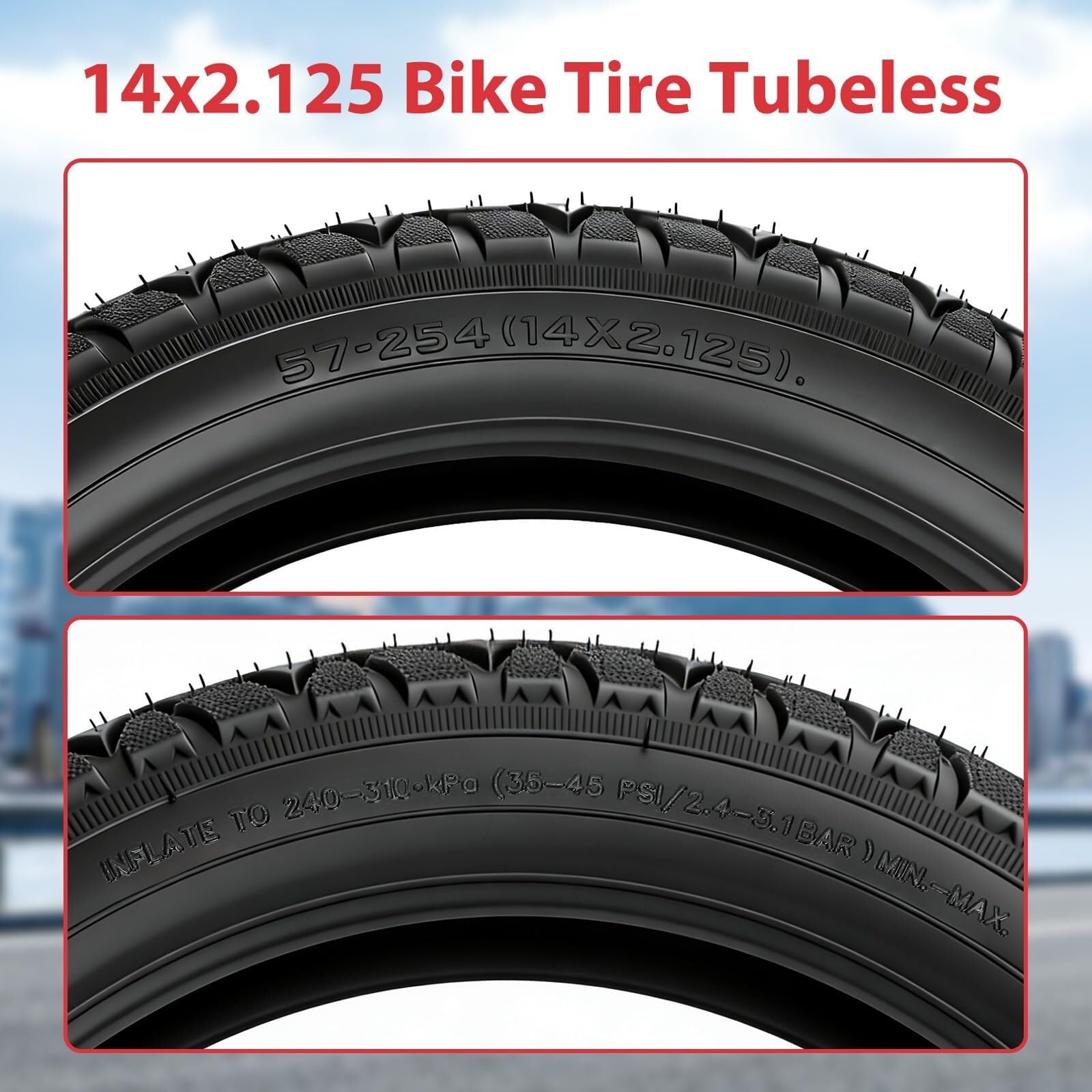 Opona 14x2.125 do Roweru Elektrycznego Bezdętkowa Tubeless Kompatybilna z E-Bike Hulajnoga Składany Rower, 57-254 Opona Antyprzebiciowa z Zestawem Naprawczym