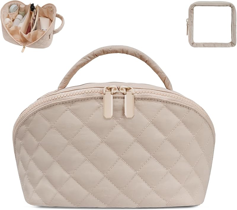 Necessaire de maquiagem SXS LACONIC acolchoada, abertura de 180°, compartimentos e zíper, 25,4 x 13,97 x 13,97 cm, cáqui