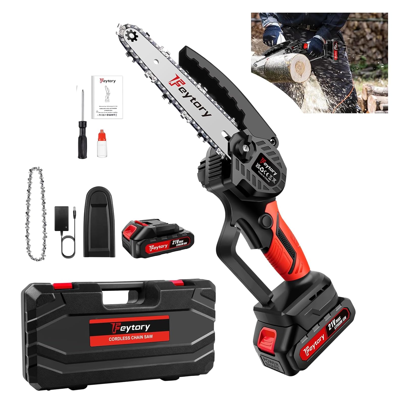 21V 700W 6 Inch Electric Chain Saws to Cut Wood and Trees, Lightweight Mini Electric Chainsaw with 1500mAh Rechargeable Battery, Chains, Powerful Wood Cutter for Tree Branch Wood Cutting, Red