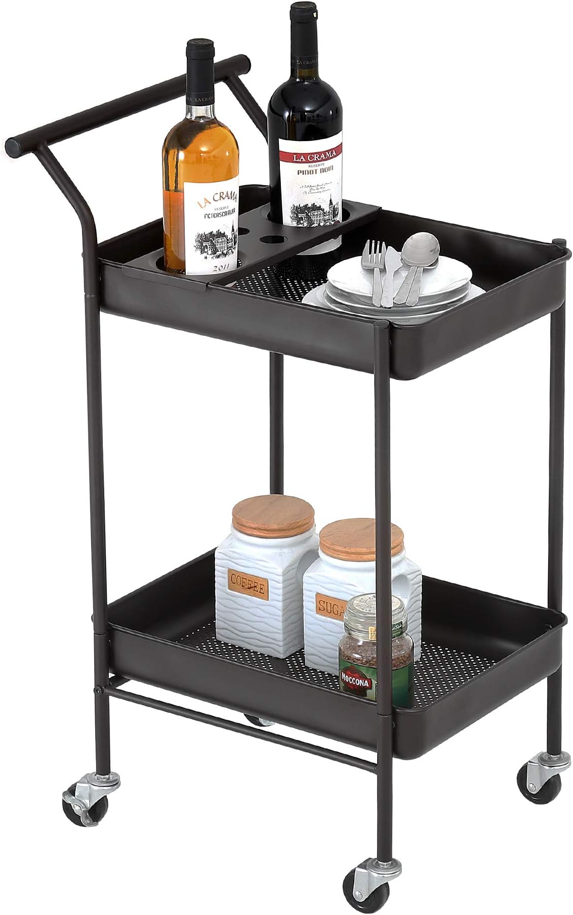 HOMURY Metal Rolling Bar and Serving Cart,2-Tier Kitchen Utility Cart on Wheels with Storage,Coffee Brown