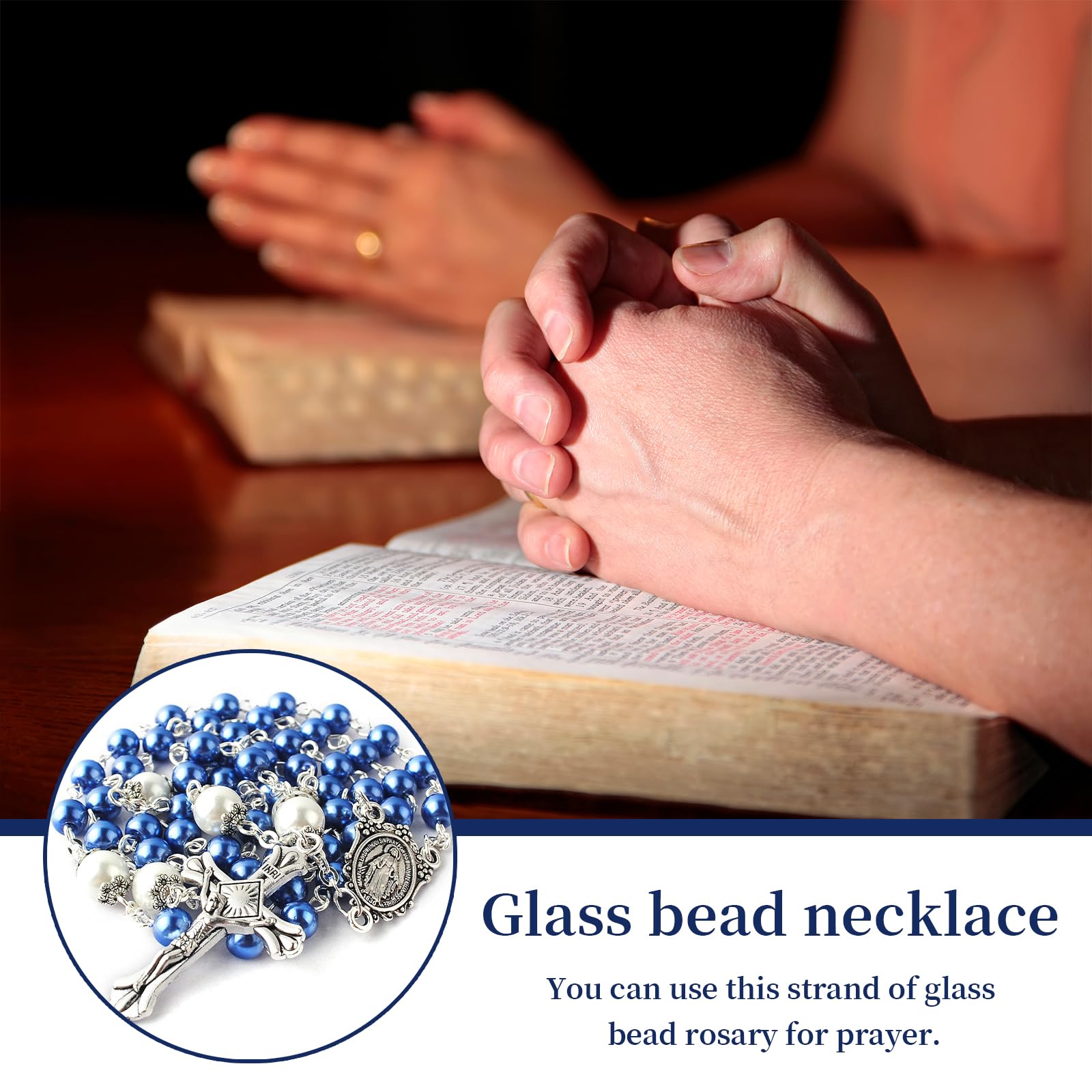 6mm Glasperlen Rosenkranz mit 8mm Vaterunser-Perlen, Katholische Kette im Wunder-Metall-Geschenkbox, Erstkommunion und Personalisiertes Blau Rosenkranz