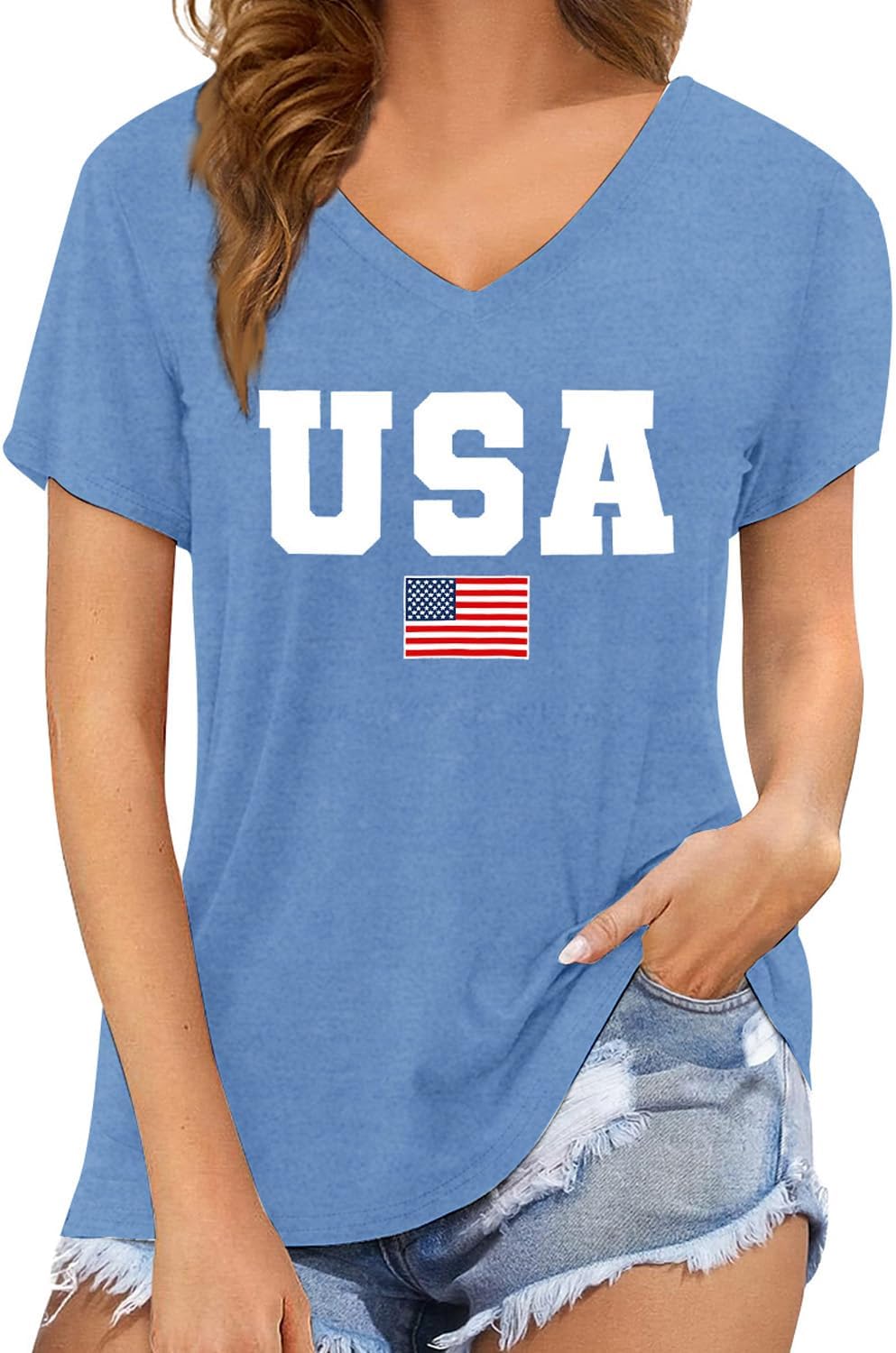 4th of July Shirts Women USA T-Shirt American Flag V-Neck Tee Tops