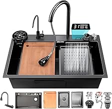 Multifunctional Stainless Steel Kitchen Sink 68 x 45 cm, Single Sink with Waterfall Nano Coating and 3 in 1 Pull Out Tap, Deep Basin with Cutting Board,